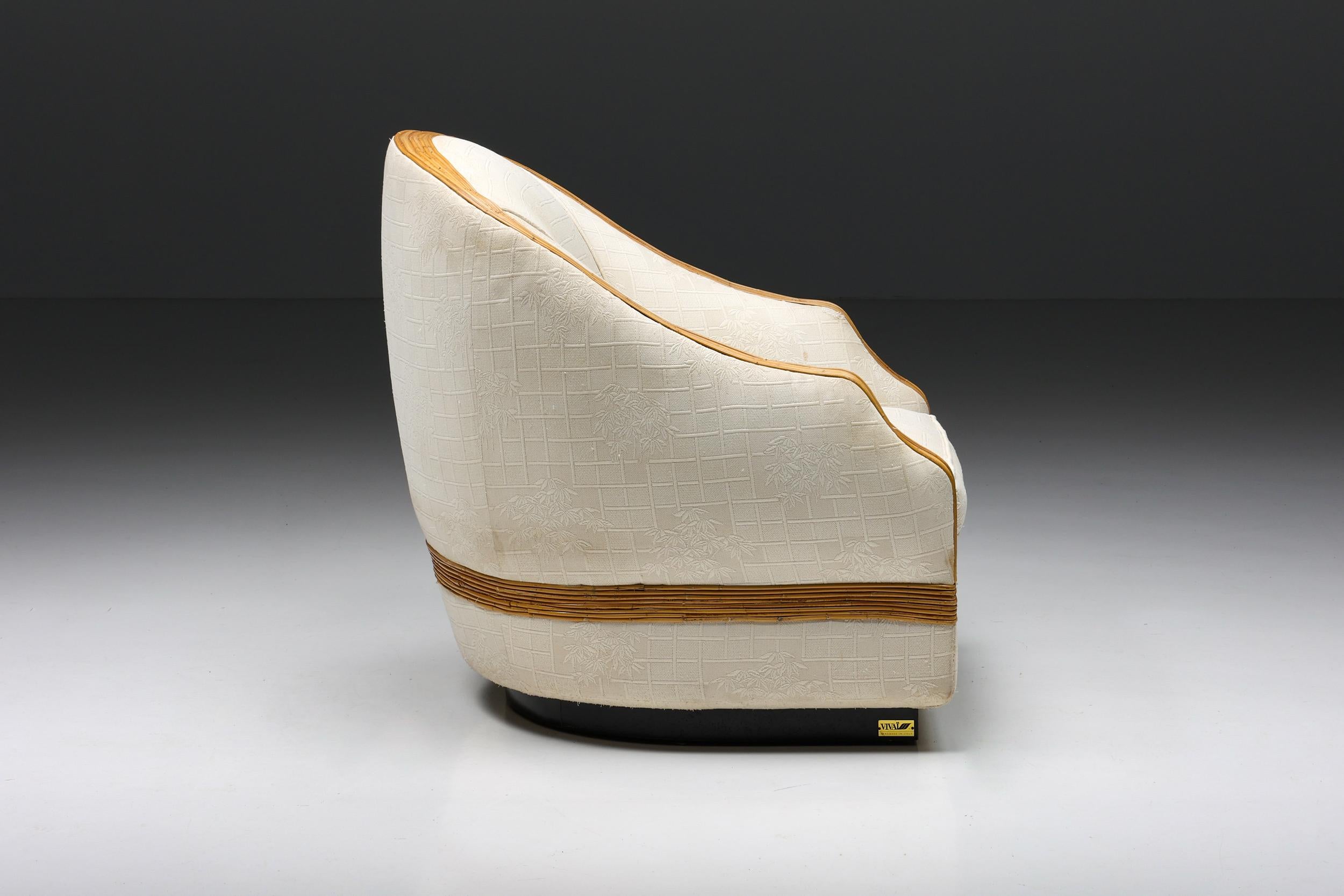European Vivai del Sud Bergère Chair, Italian Tropicalist Style, Rattan, Silk, 1970's For Sale