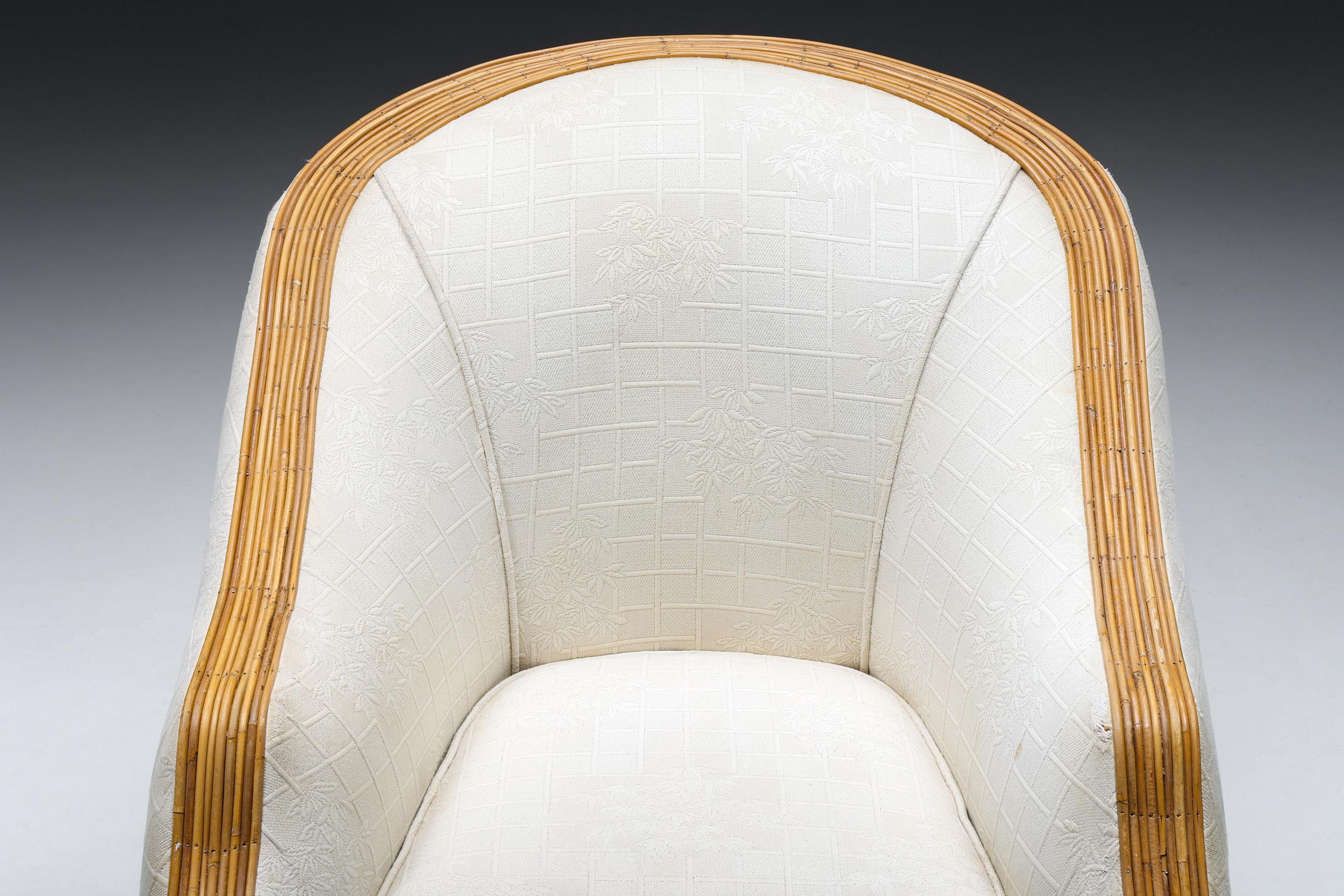 Vivai del Sud Bergère Chair, Italian Tropicalist Style, Rattan, Silk, 1970's For Sale 1