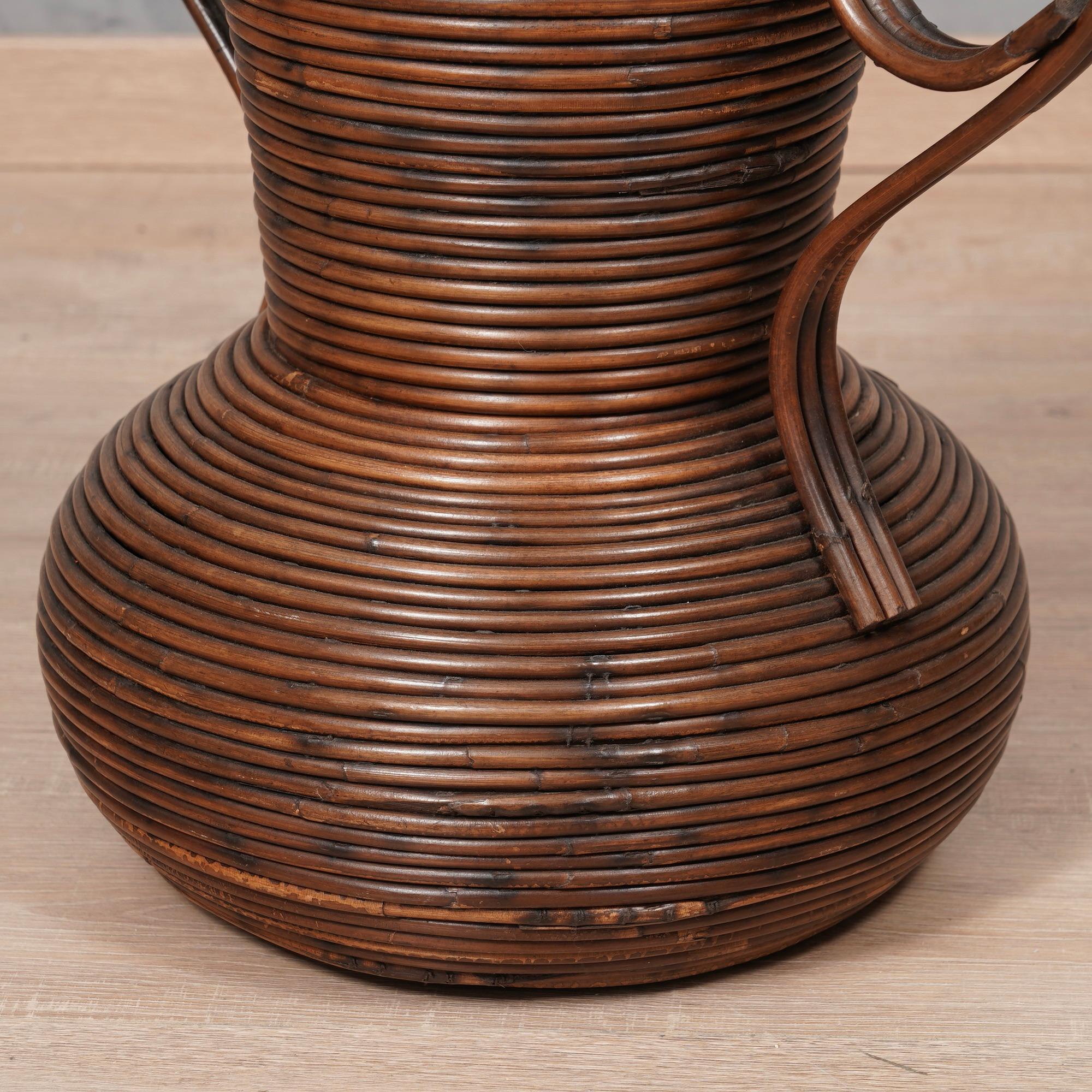 Italian Vivai Del Sud Brown Color Rattan Italy Amphora Vase, 1960