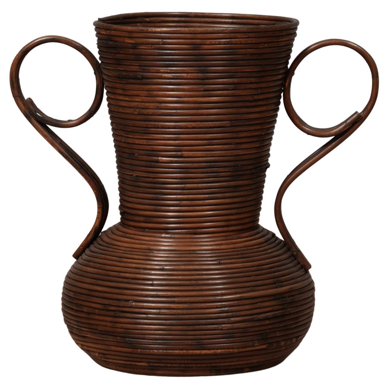 Vivai Del Sud Brown Color Rattan Italy Amphora Vase, 1960