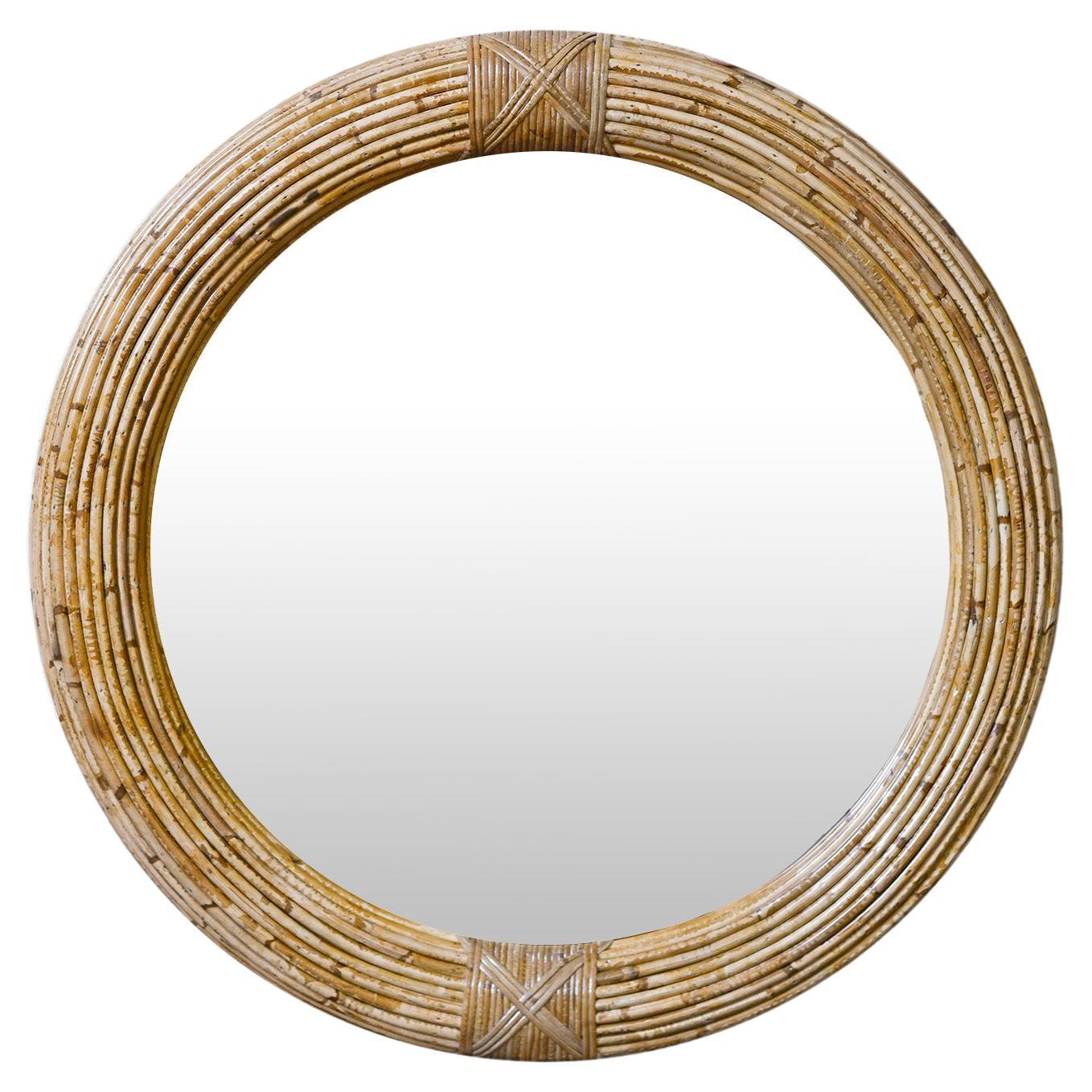 Miroir circulaire Vivai Del Sud en rotin avec fixations en finition claire, Italie 1970 en vente