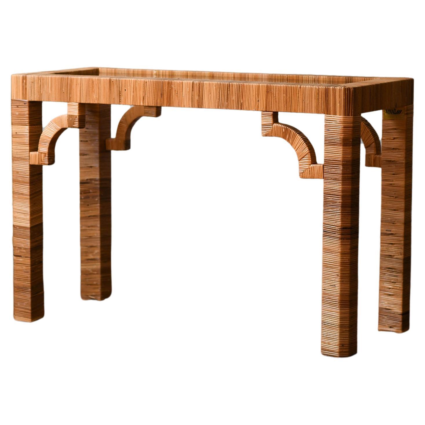 Vivai Del Sud console in rattan with glass shelf, Italy 1970. For Sale