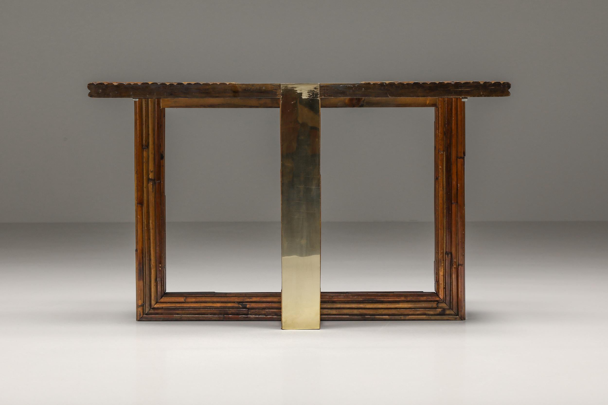 French Vivai del Sud Console Table Crespi Style, Bamboo & Brass, Post-Modern 1960's