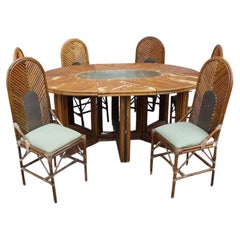 Vivai Del Sud Italia 1970s Brass and Cane extendable Dining Table with 6 chairs