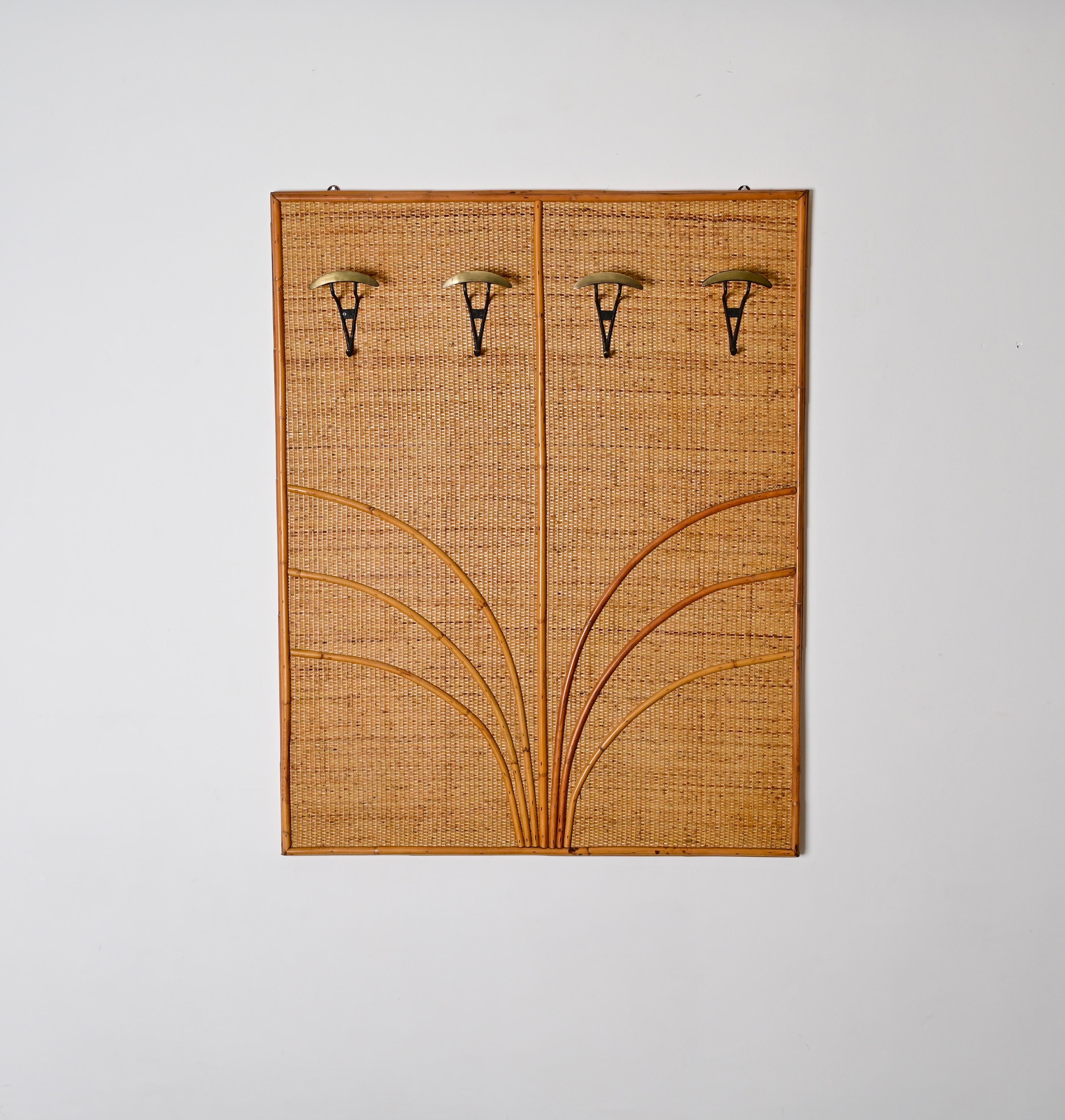 Mid-20th Century Vivai Del Sud Italian Coat Rack in Rattan, Bamboo and Brass, Italy 1970s For Sale