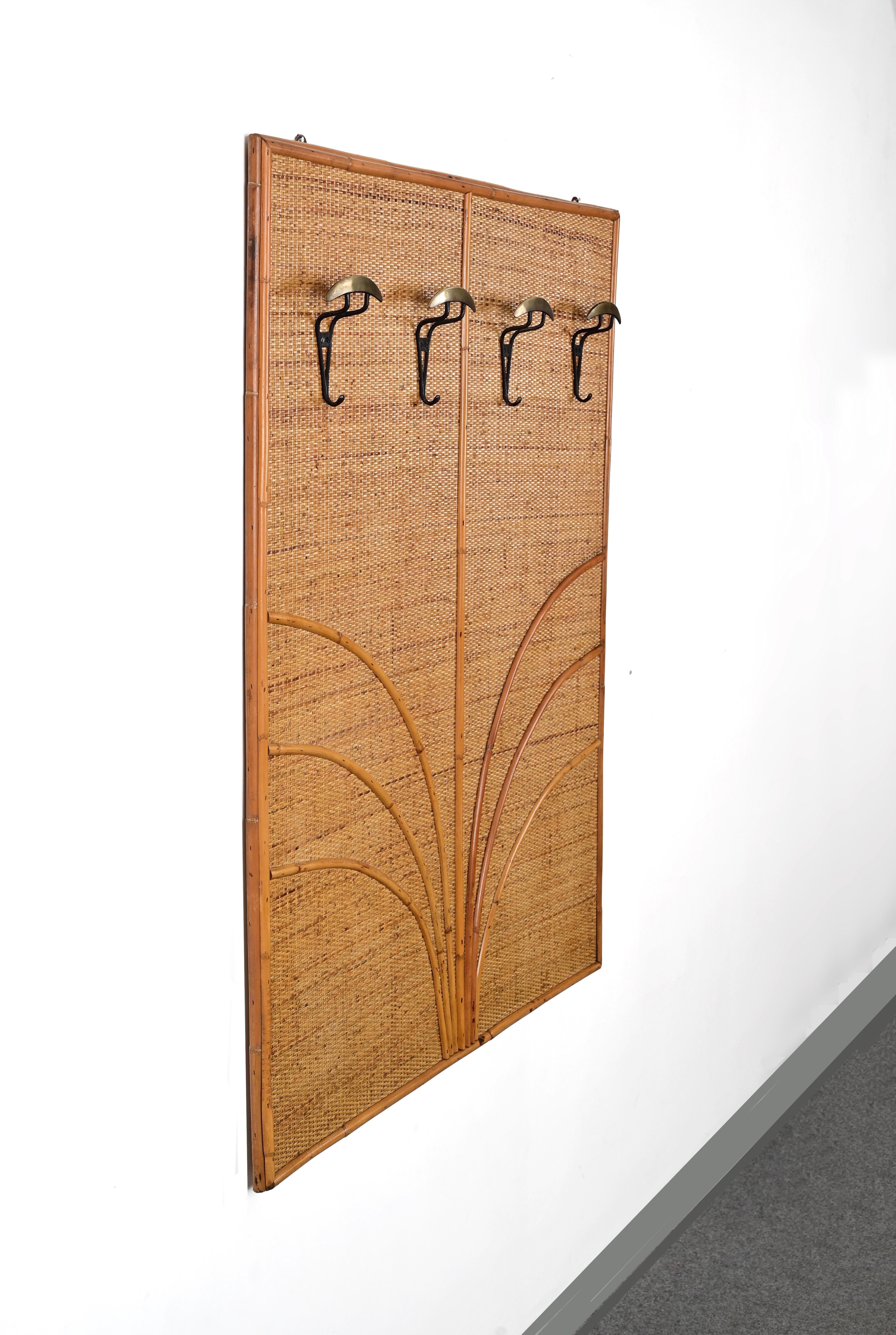 Vivai Del Sud Italian Coat Rack in Rattan, Bamboo and Brass, Italy 1970s For Sale 2