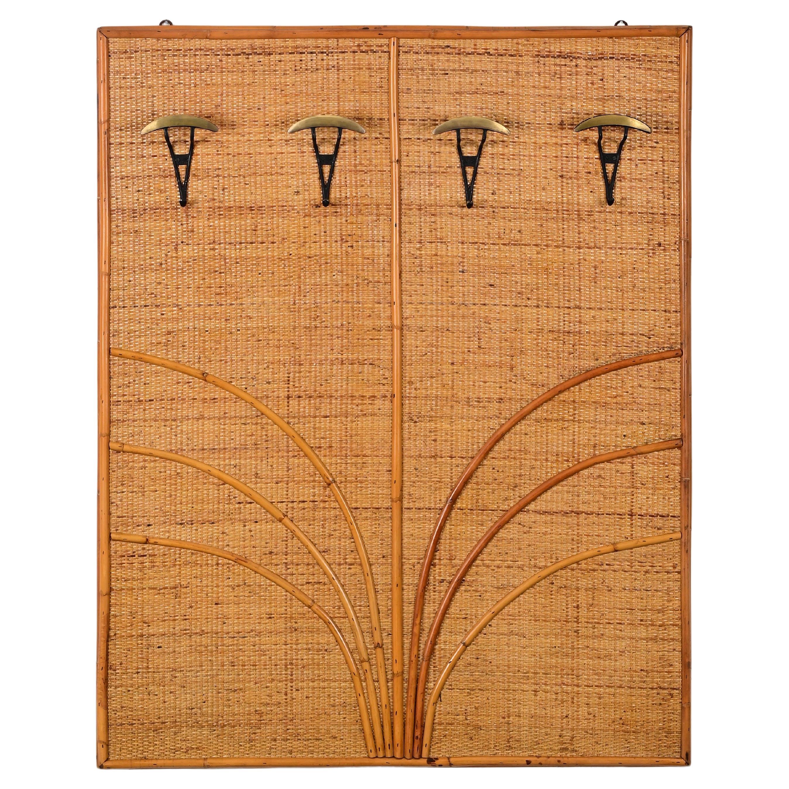 Vivai Del Sud Italian Coat Rack in Rattan, Bamboo and Brass, Italy 1970s For Sale