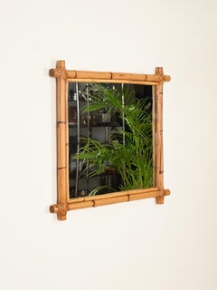 Vivai del Sud Italian Large Square Mirror in Rattan and Wicker, Italy, 1970s