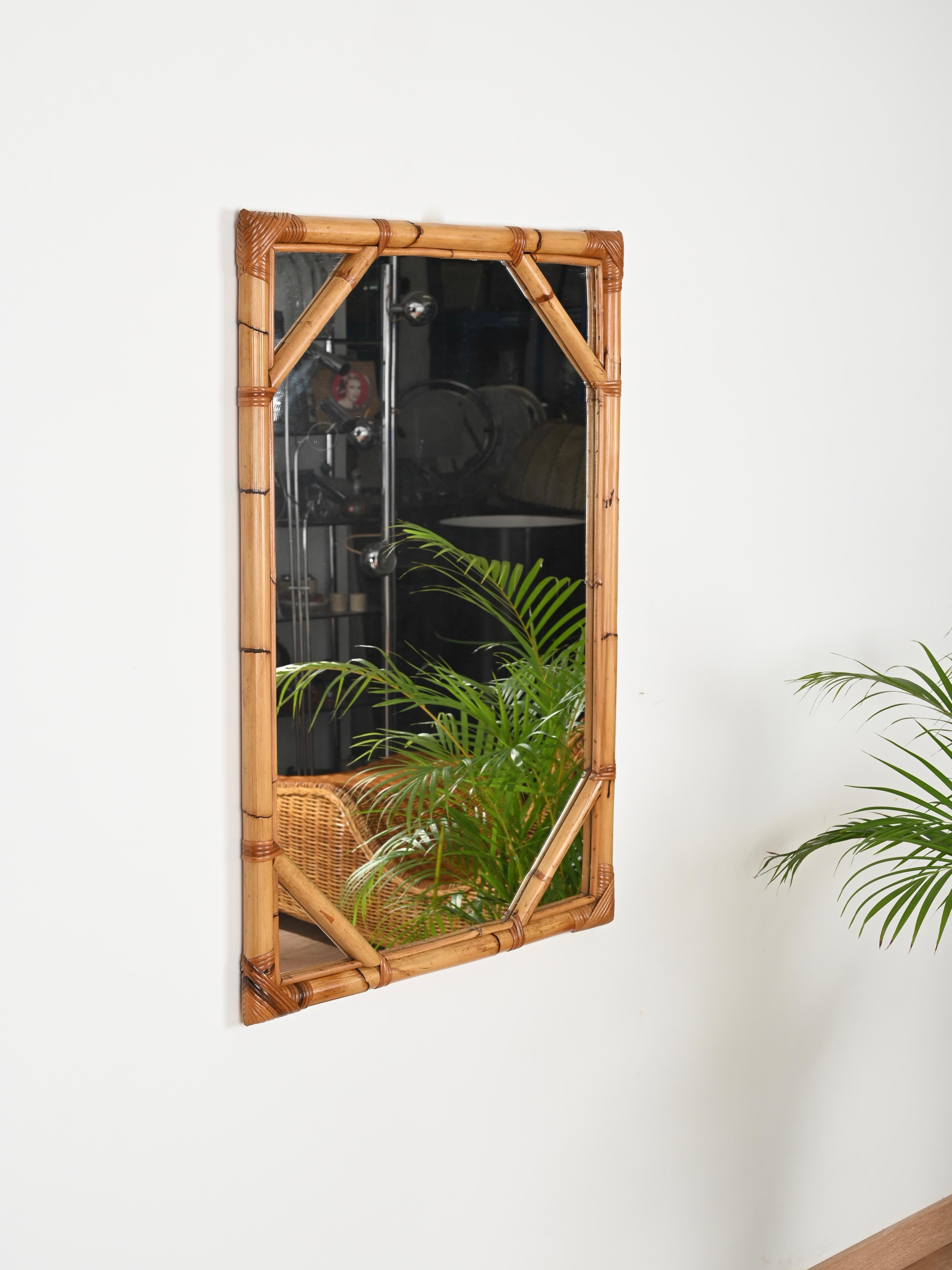 Mid-Century Modern Vivai del Sud Large Rectangular Mirror in Bamboo and Woven Rattan, Italy 1960s For Sale