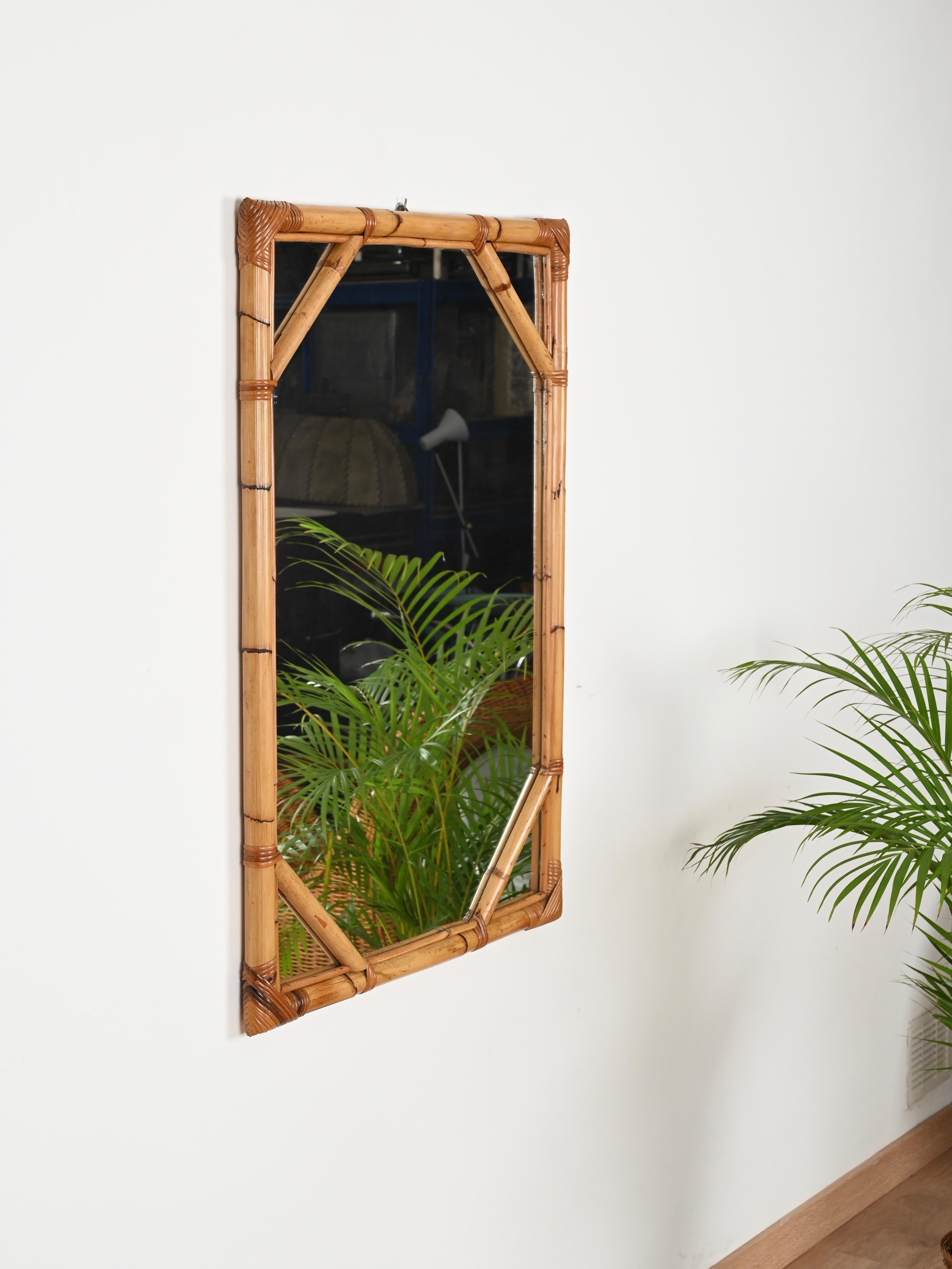 Italian Vivai del Sud Large Rectangular Mirror in Bamboo and Woven Rattan, Italy 1960s For Sale