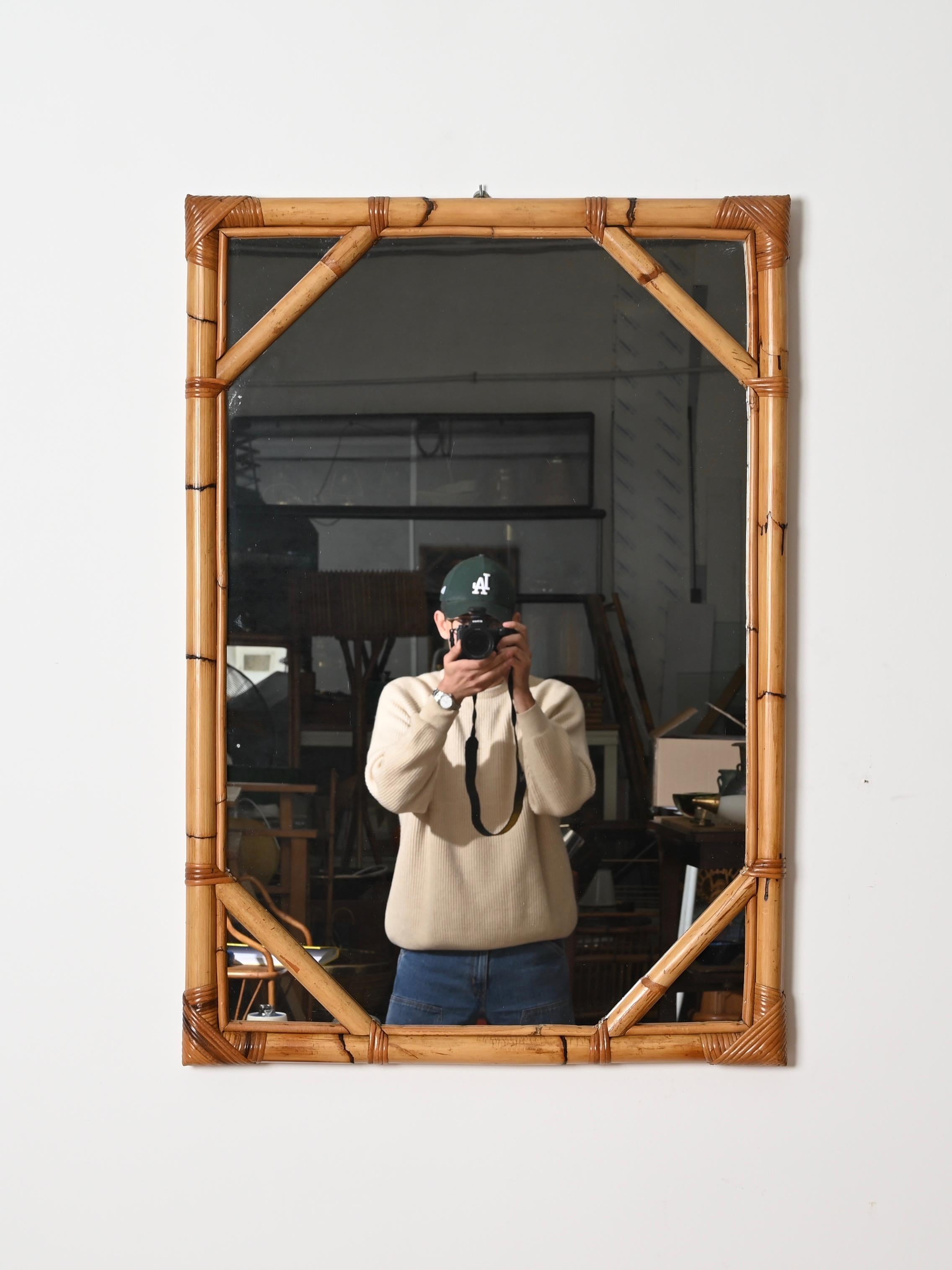 Vivai del Sud Large Rectangular Mirror in Bamboo and Woven Rattan, Italy 1960s In Good Condition For Sale In Roma, IT