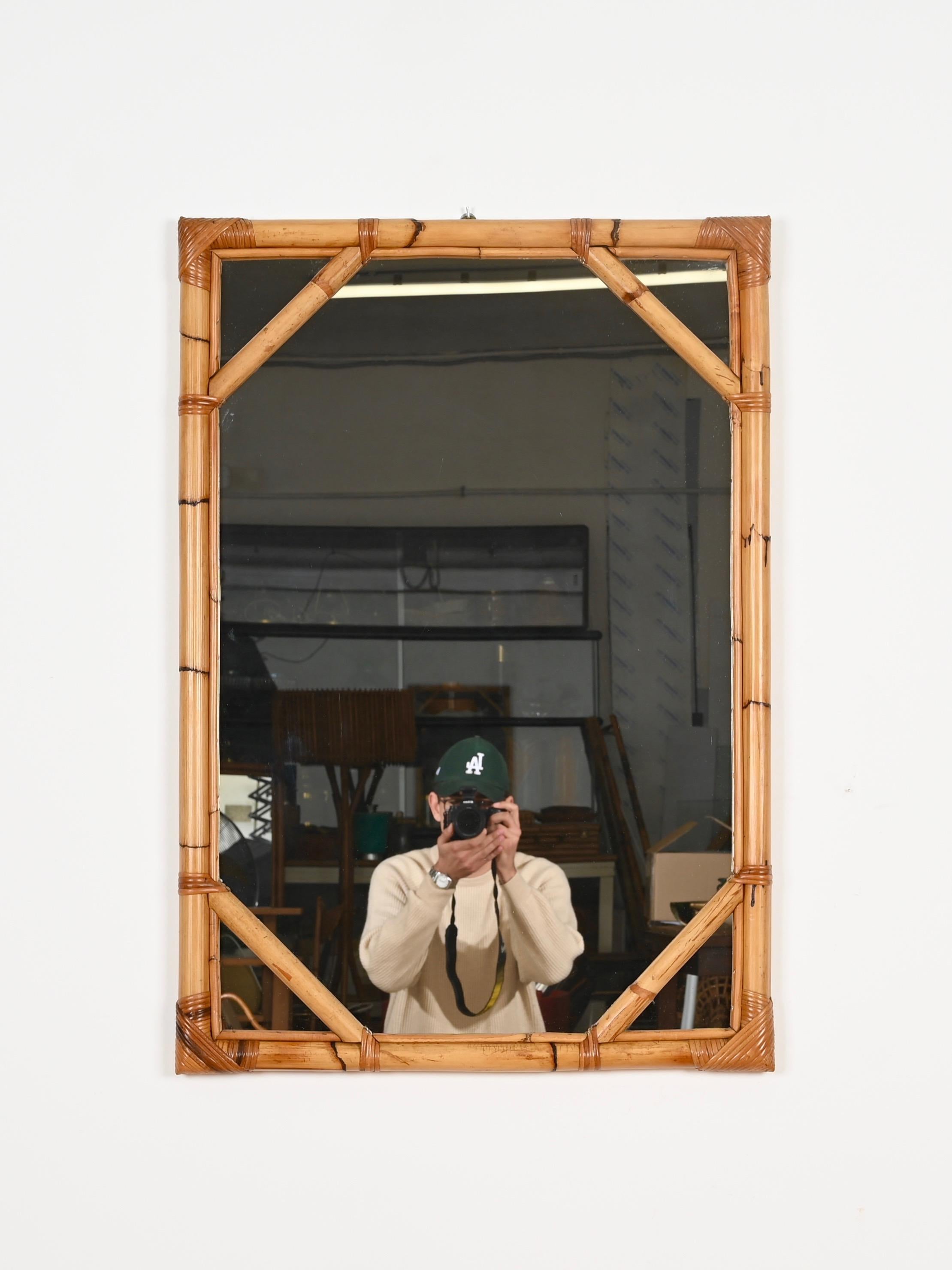 Vivai del Sud Large Rectangular Mirror in Bamboo and Woven Rattan, Italy 1960s For Sale 1