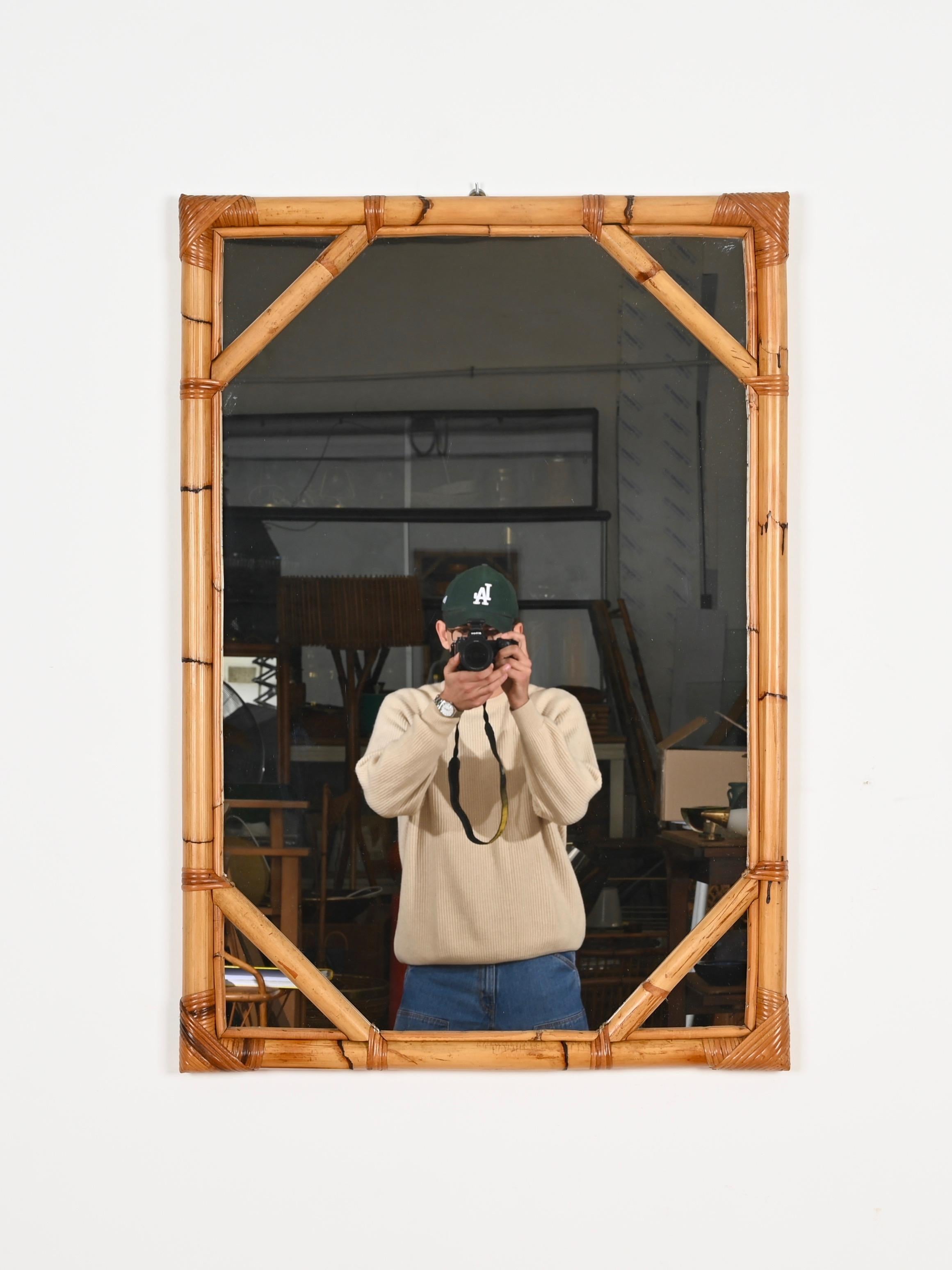 Vivai del Sud Large Rectangular Mirror in Bamboo and Woven Rattan, Italy 1960s For Sale 2