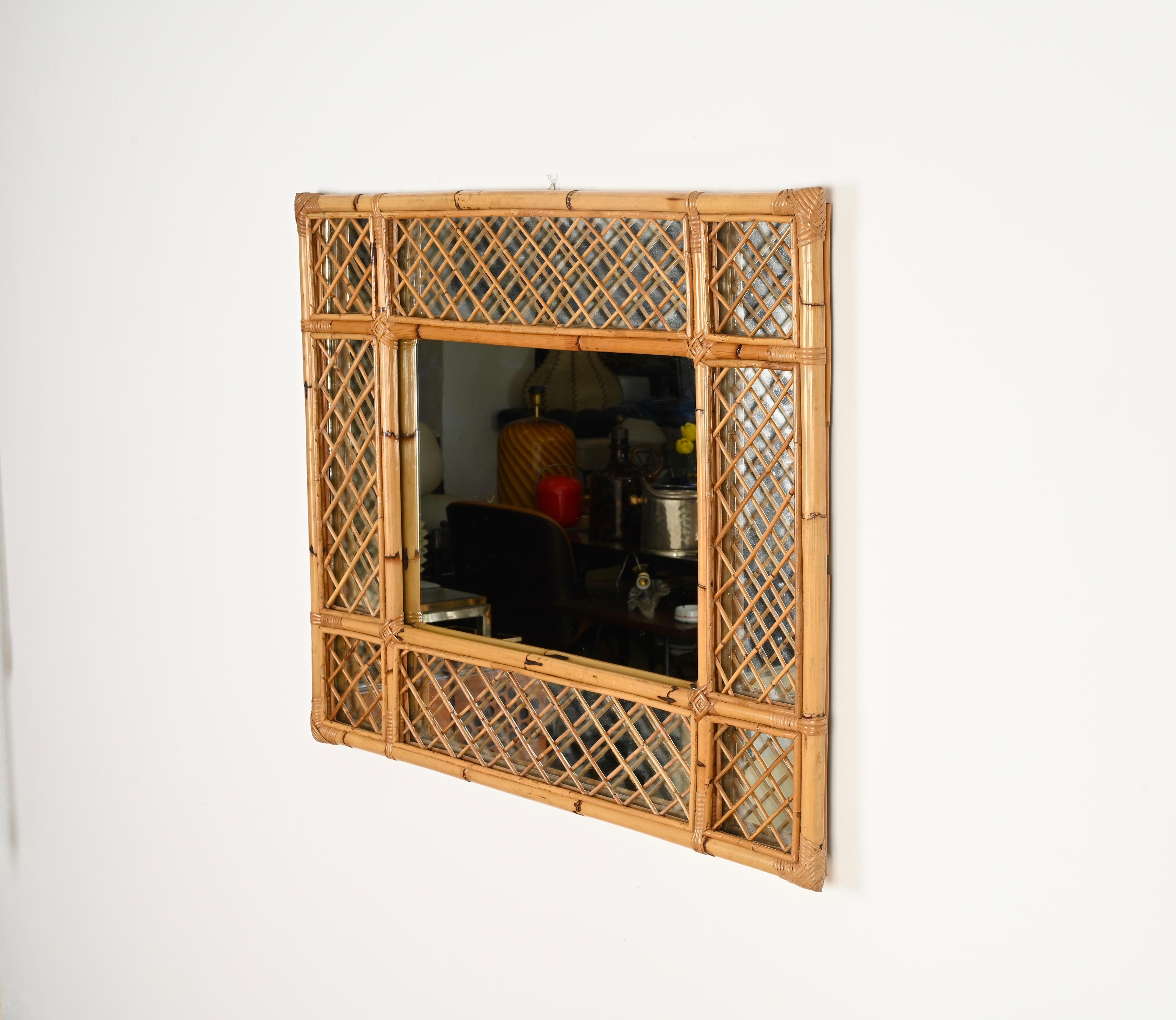 20ième siècle Grand miroir rectangulaire Vivai del Sud en bambou et rotin tressé, Italie, années 1970 en vente