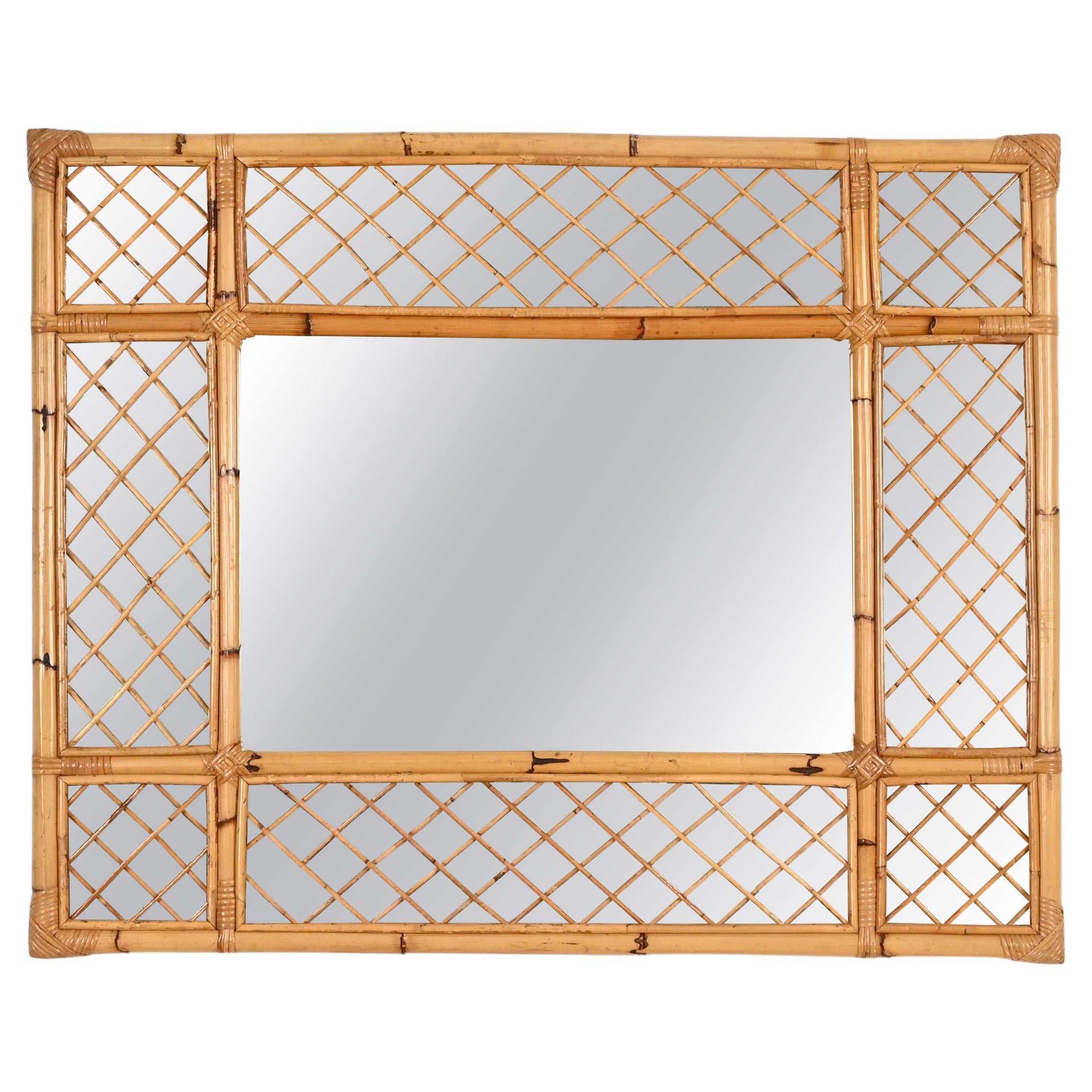 Grand miroir rectangulaire Vivai del Sud en bambou et rotin tressé, Italie, années 1970 en vente