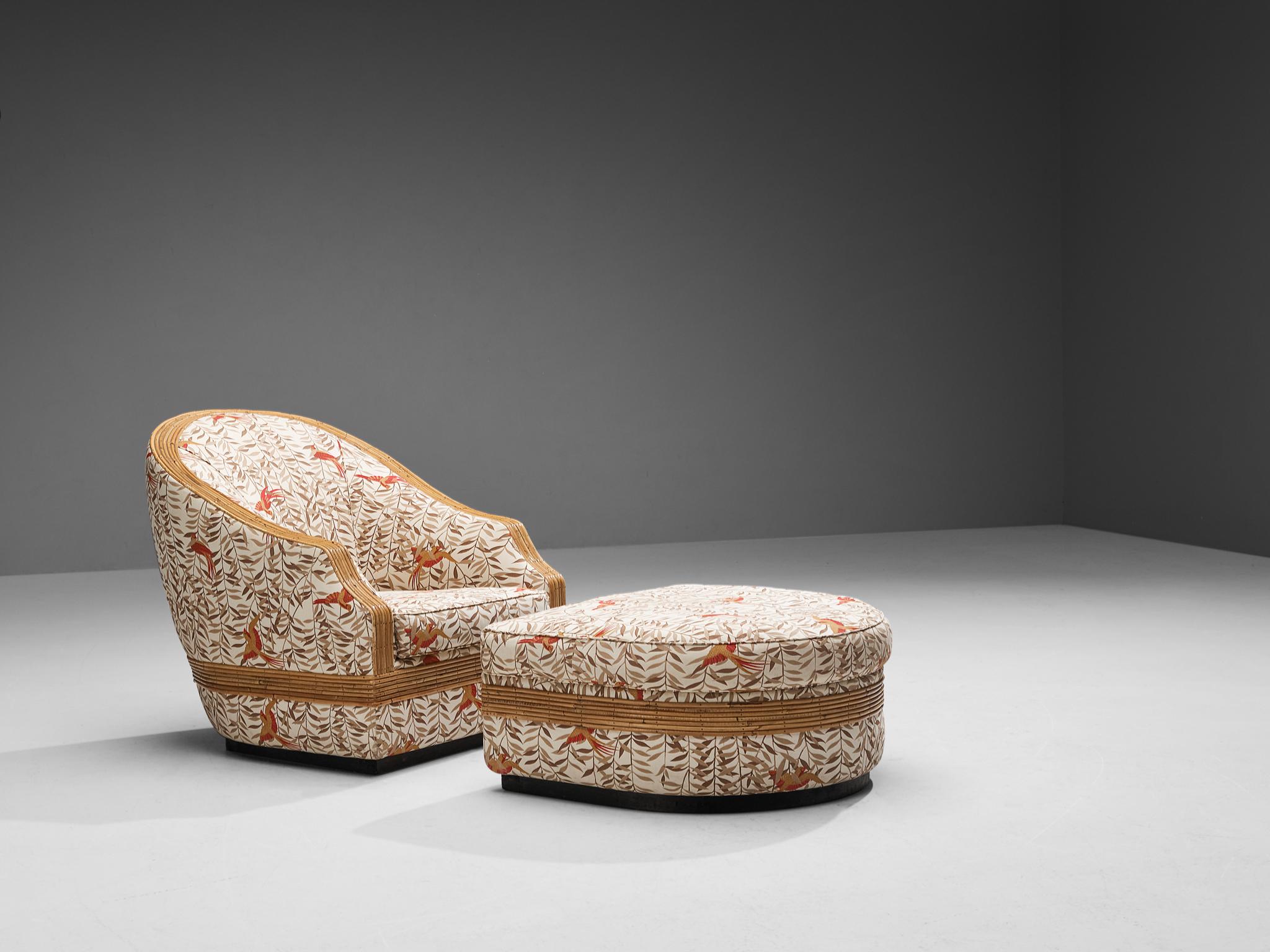 Vivai Del Sud, lounge chair and ottoman, bamboo, fabric, Italy, 1970s

Greatly looking and imposing lounge chair with ottoman. This particular design breathes the 1970s aesthetics. Executed in bamboo and a tropical patterned fabric, these pieces