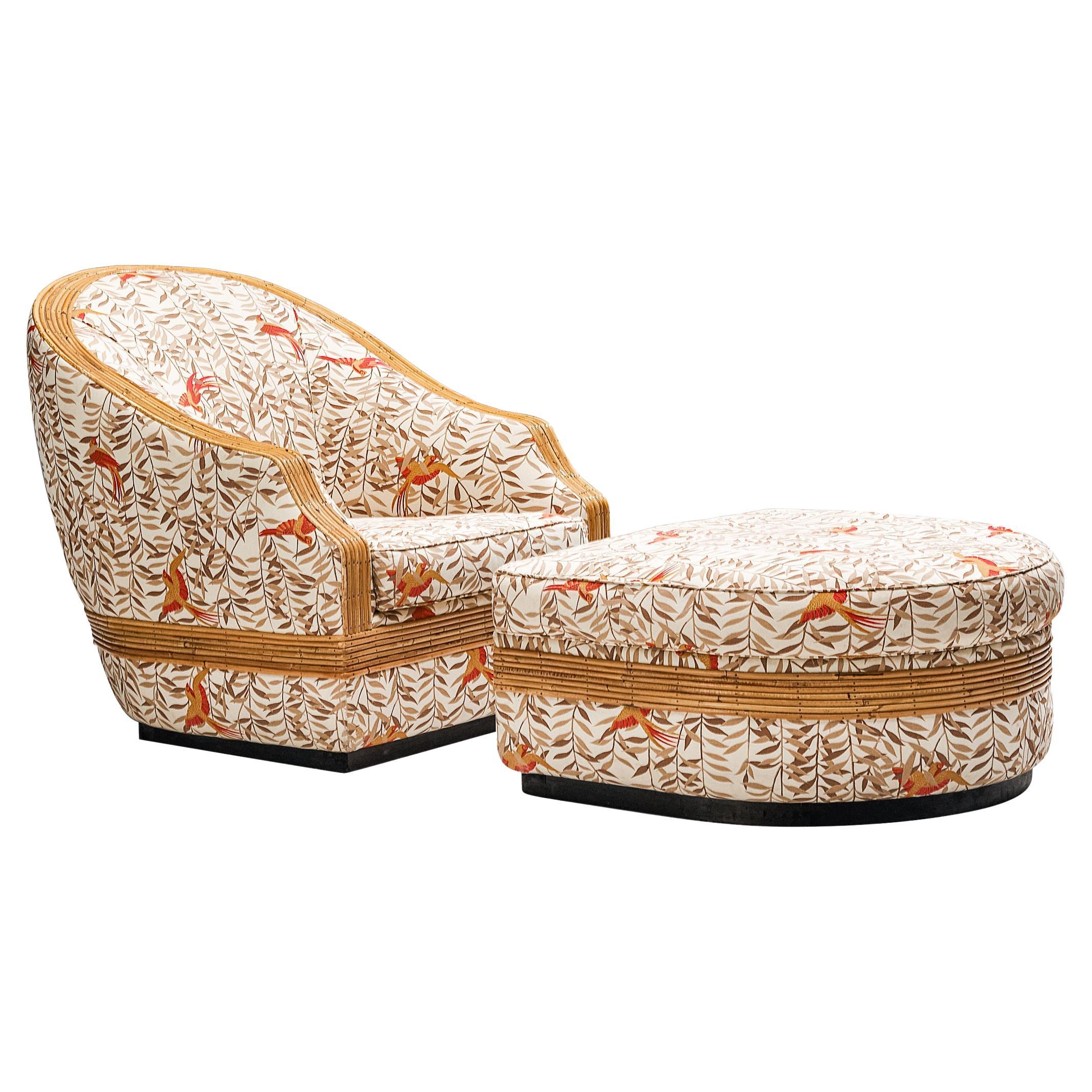 Vivai Del Sud Lounge Chair and Ottoman in Bamboo and Tropical Upholstery
