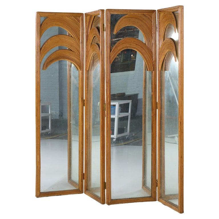 Mid-Century Modern Vivai del Sud Mid Century Italian Bamboo Rattan Palm Tree Folding Screen Mirror For Sale