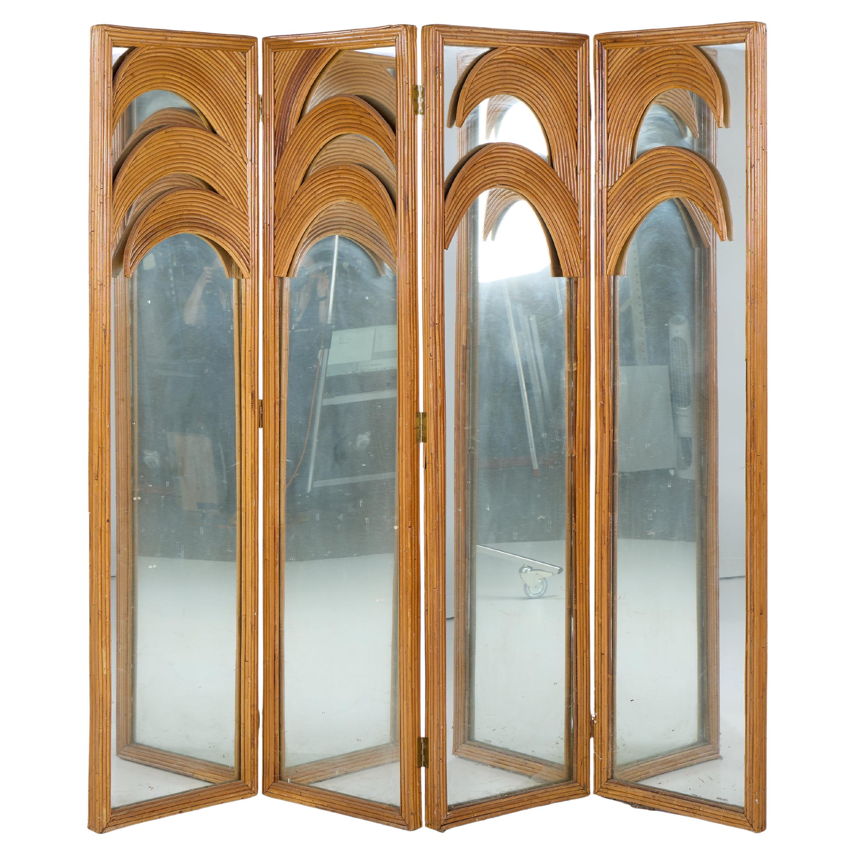 Vivai del Sud Mid Century Italian Bamboo Rattan Palm Tree Folding Screen Mirror For Sale