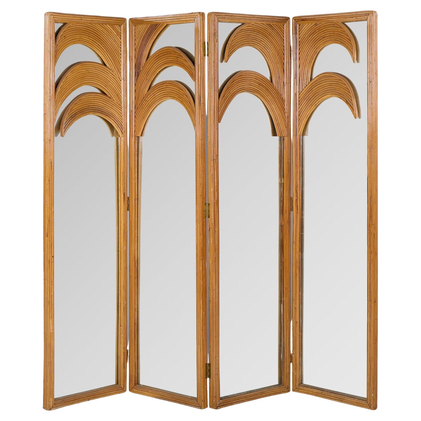 Vivai del Sud Mid Century Italian Bamboo Rattan Palm Tree Folding Screen Mirror