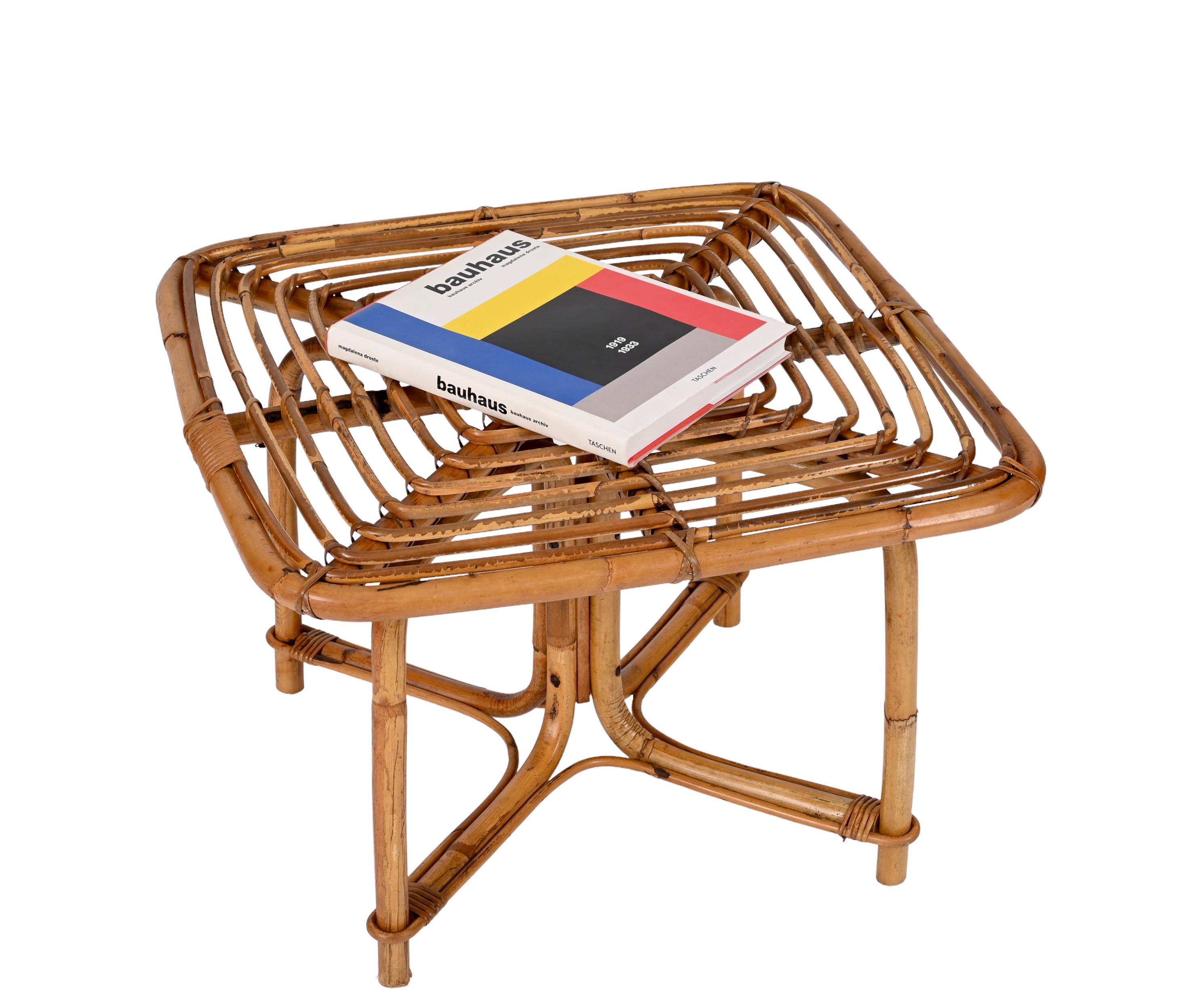 Vivai del Sud Mid Century Italian Squared Bamboo and Rattan Coffee Table, 1970s In Good Condition In Roma, IT