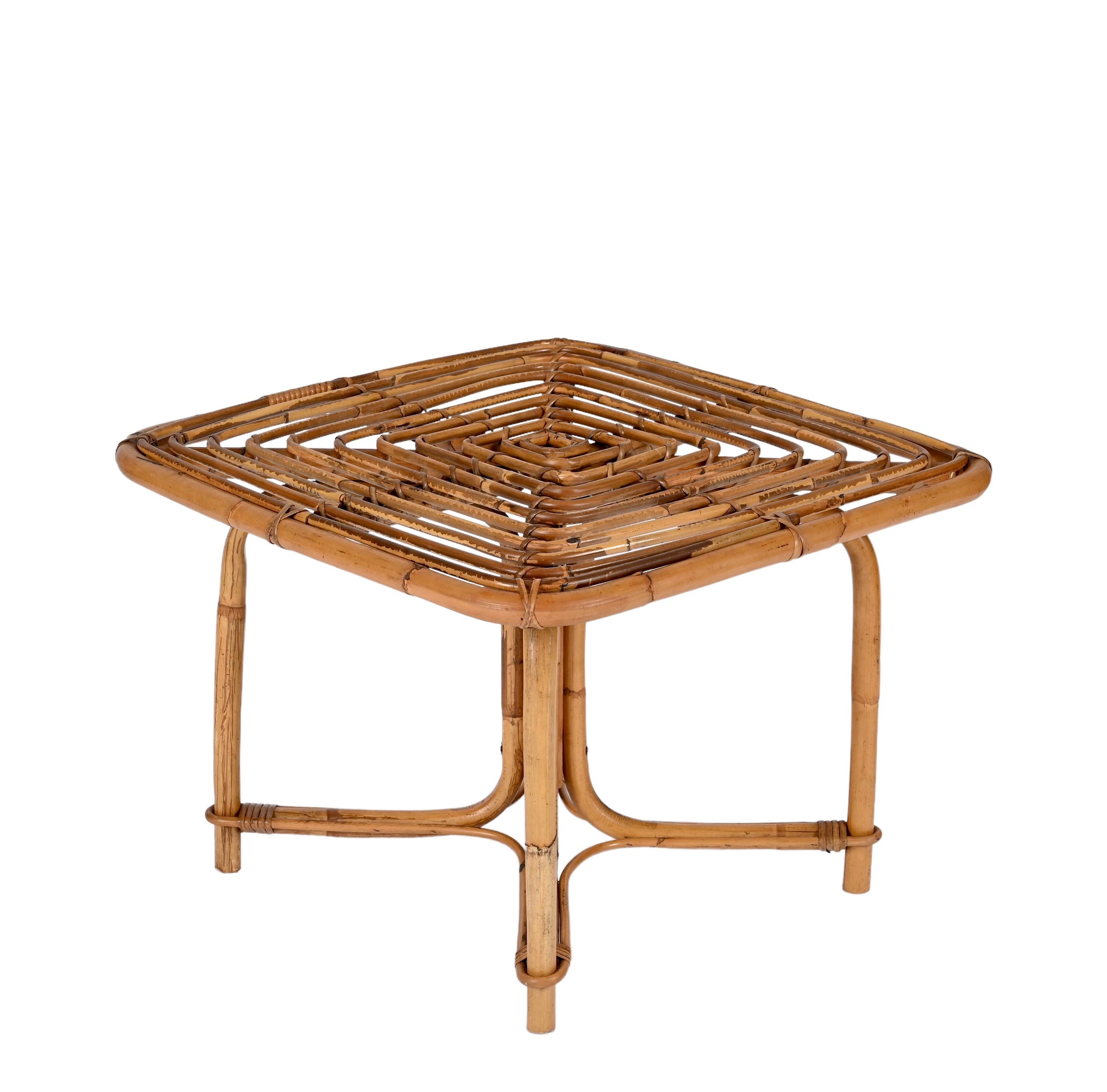 20th Century Vivai del Sud Mid Century Italian Squared Bamboo and Rattan Coffee Table, 1970s
