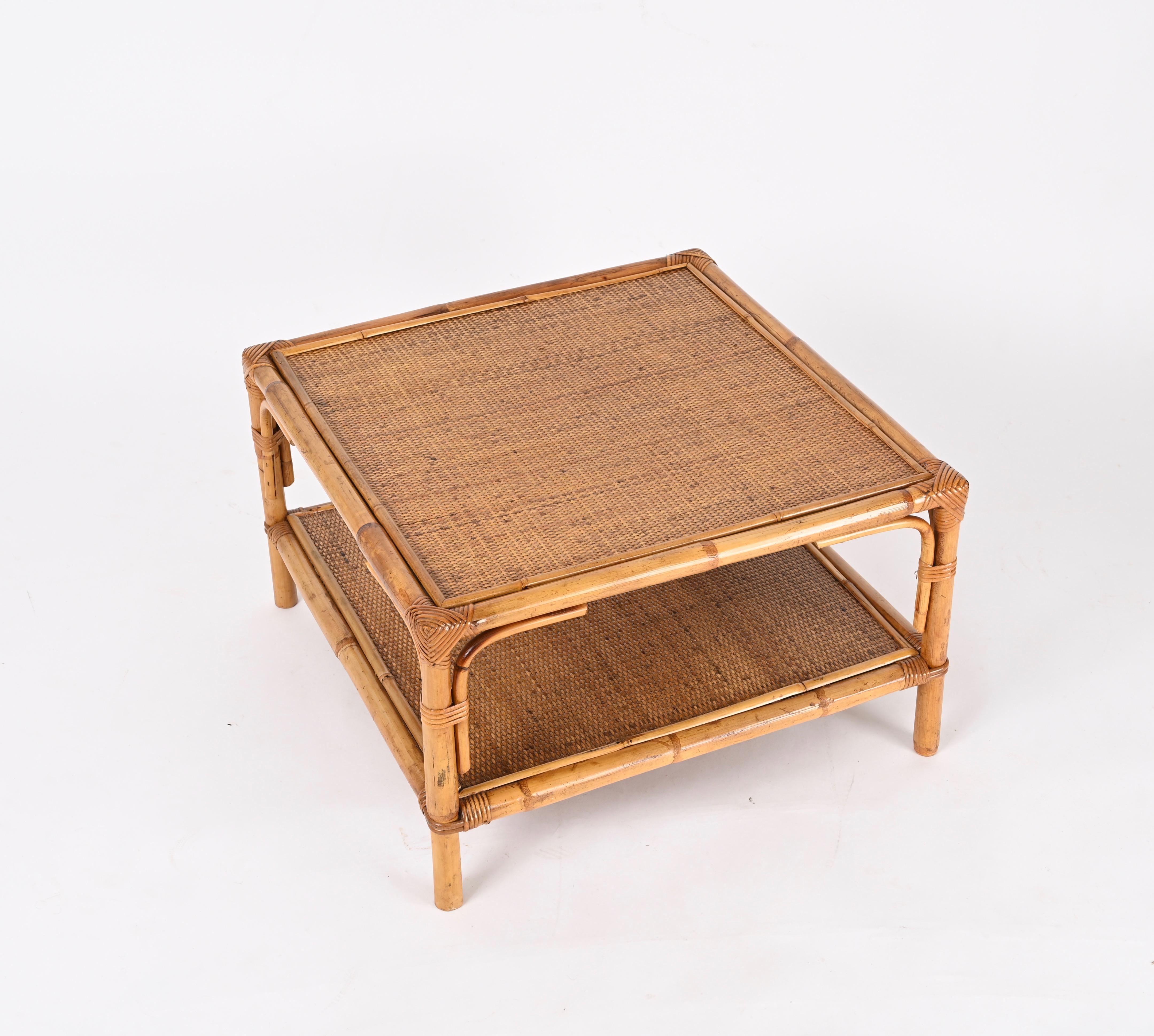 Vivai del Sud Midcentury Italian Square Coffee Table in Bamboo and Rattan, 1970s For Sale 4