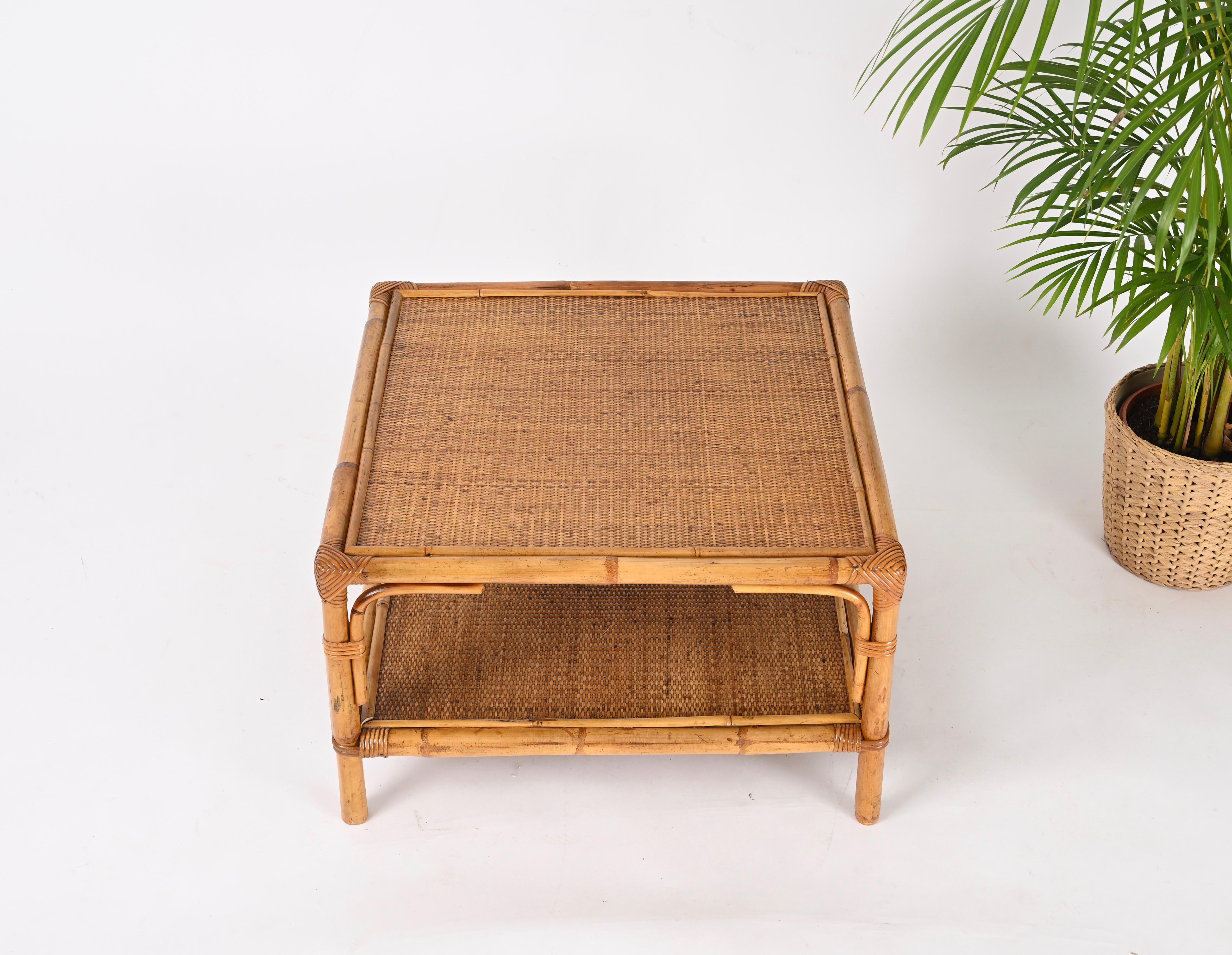 Table basse italienne carrée Vivai del Sud du milieu du siècle dernier en bambou et rotin, 1970 en vente 4