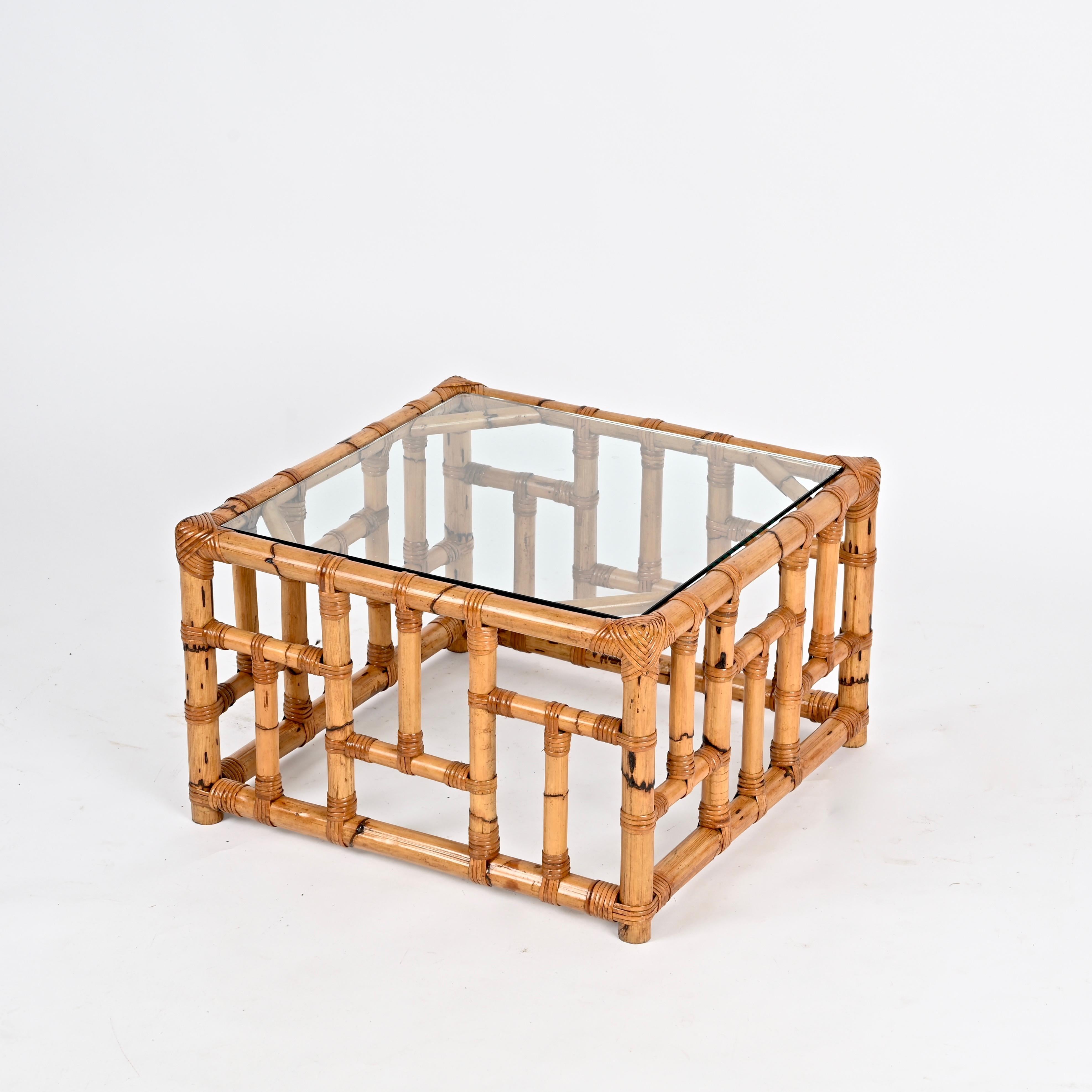 Vivai del Sud Italienischer quadratischer Couchtisch aus Bambus und Rattan aus der Jahrhundertmitte, 1970er Jahre im Angebot 5