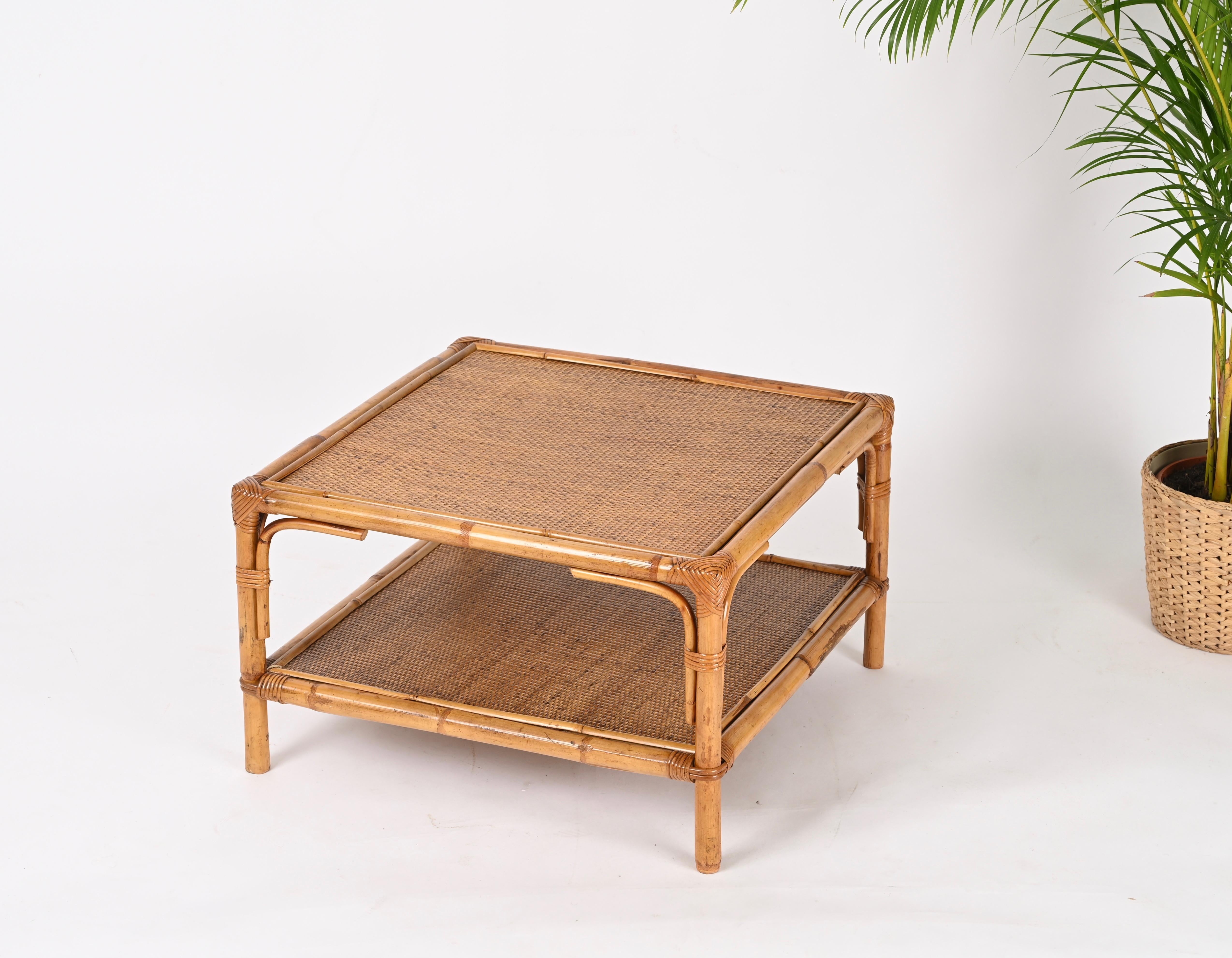 Table basse italienne carrée Vivai del Sud du milieu du siècle dernier en bambou et rotin, 1970 en vente 5