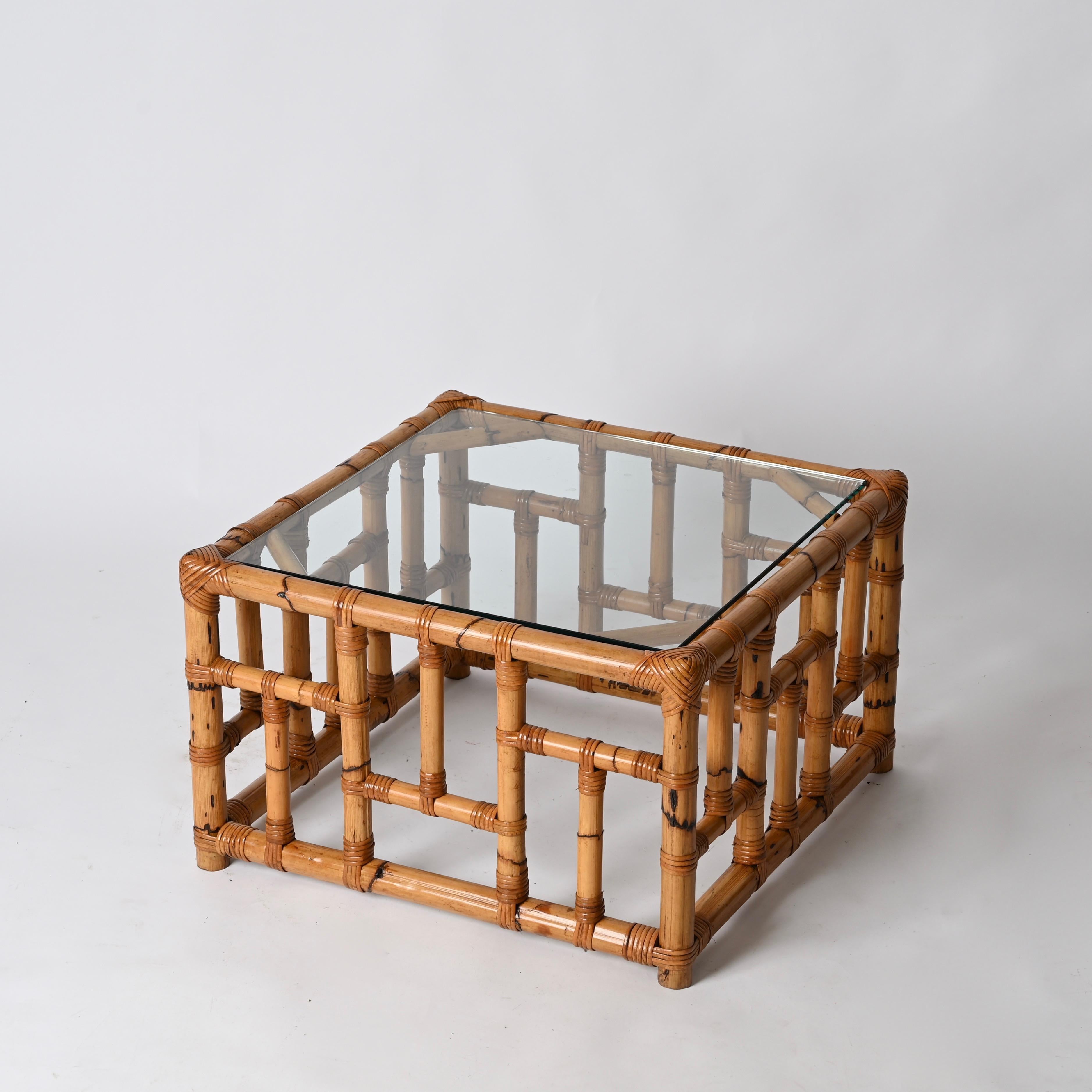 Vivai del Sud Italienischer quadratischer Couchtisch aus Bambus und Rattan aus der Jahrhundertmitte, 1970er Jahre im Angebot 6