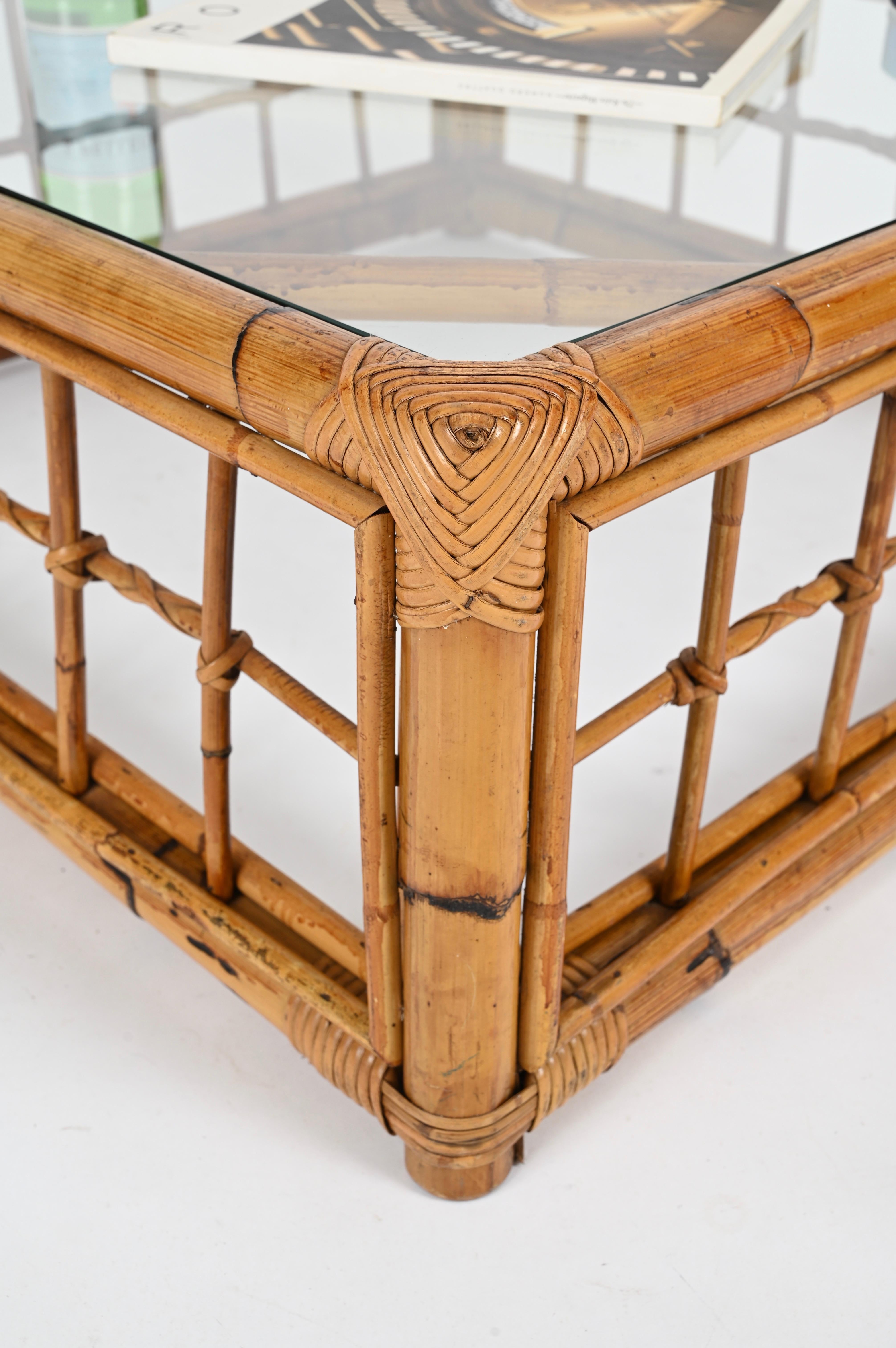 Mesa de centro cuadrada italiana de mediados de siglo Vivai del Sud, bambú y ratán, años 70 en venta 7
