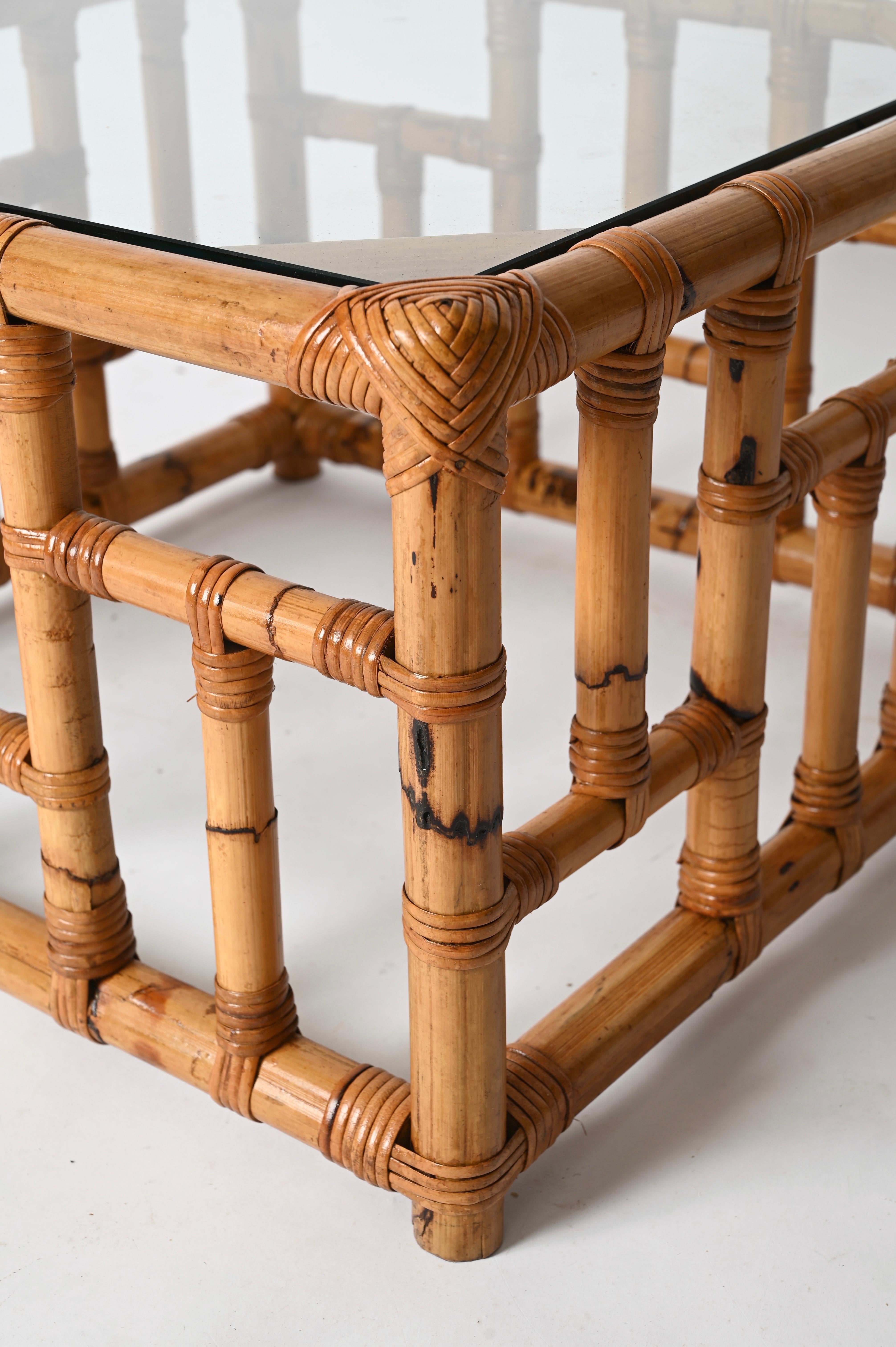 Vivai del Sud Italienischer quadratischer Couchtisch aus Bambus und Rattan aus der Jahrhundertmitte, 1970er Jahre im Angebot 10