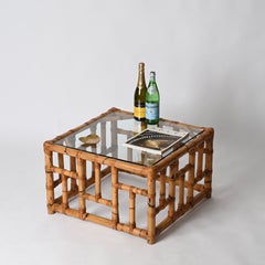 Mesa de centro cuadrada italiana de mediados de siglo Vivai del Sud, bambú y ratán, años 70
