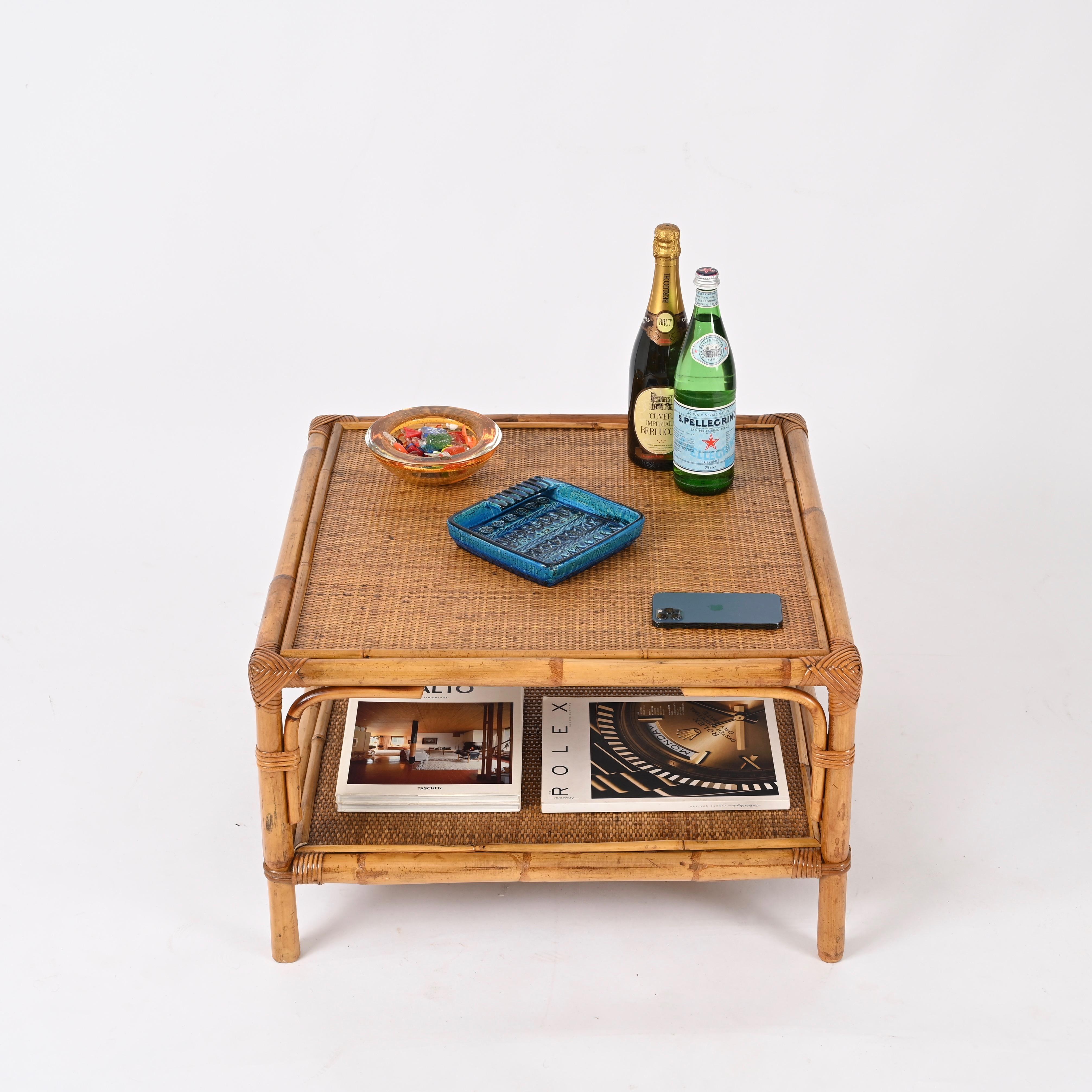 Hand-Crafted Vivai del Sud Midcentury Italian Square Coffee Table in Bamboo and Rattan, 1970s