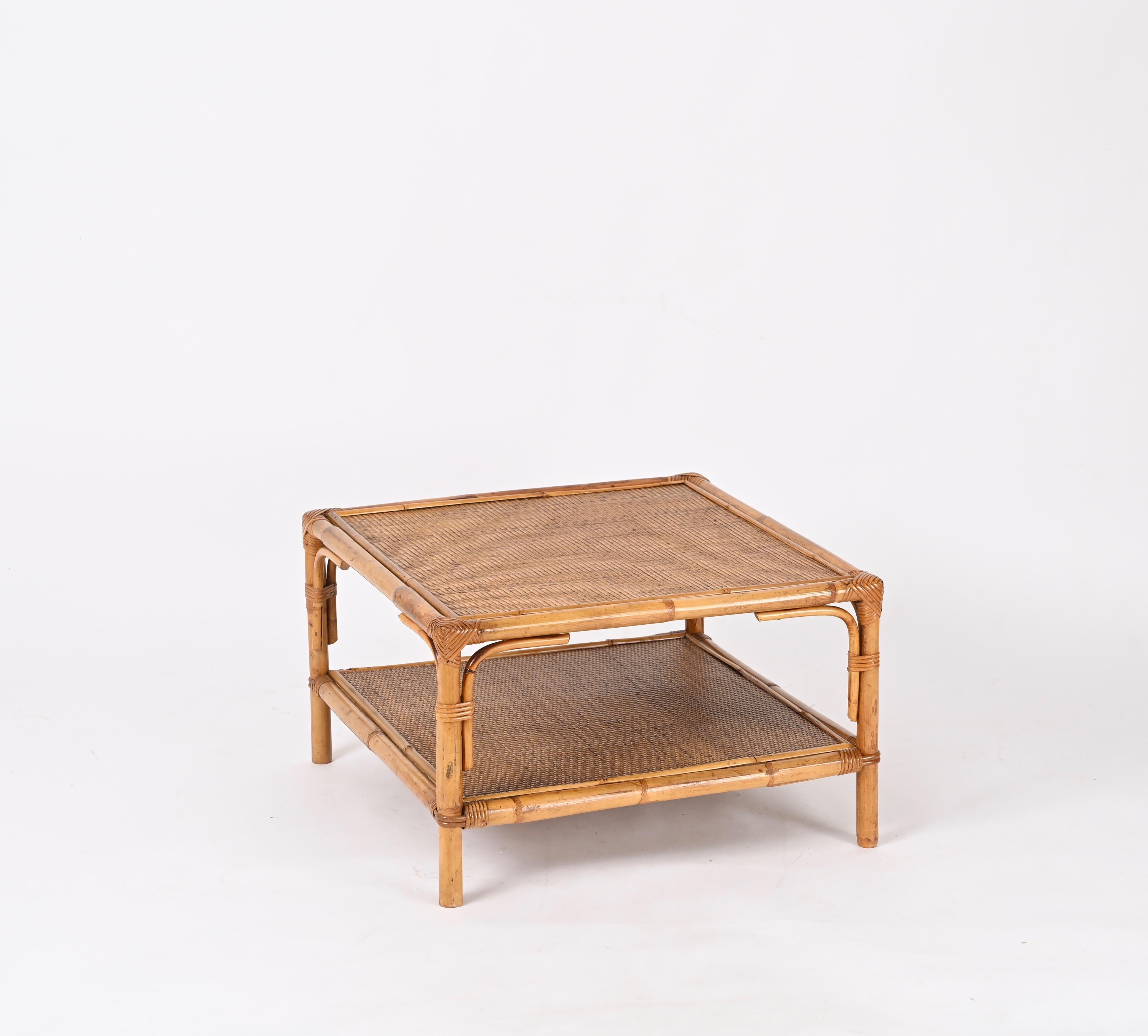 Vivai del Sud Midcentury Italian Square Coffee Table in Bamboo and Rattan, 1970s For Sale 1