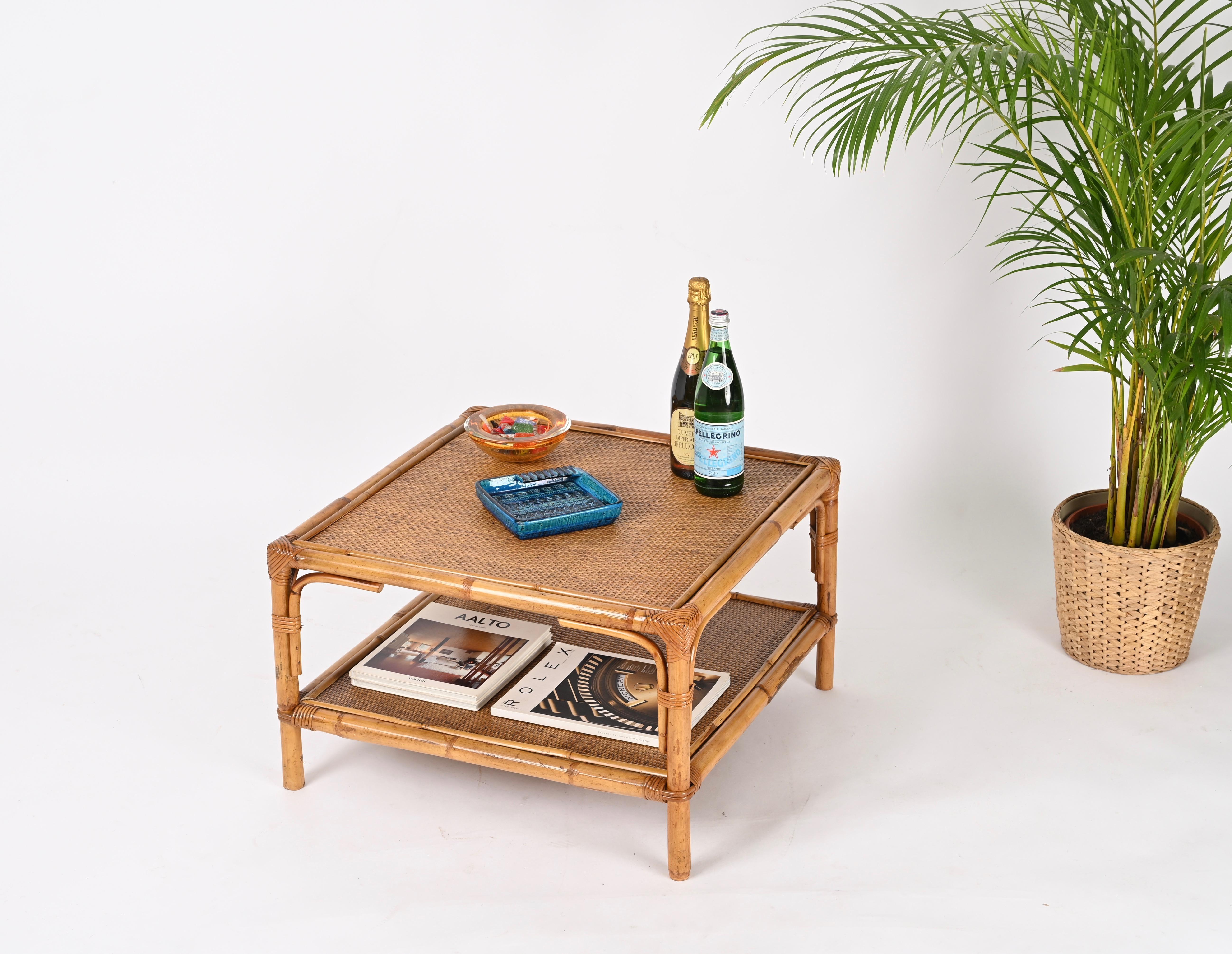 Vivai del Sud Midcentury Italian Square Coffee Table in Bamboo and Rattan, 1970s For Sale 2