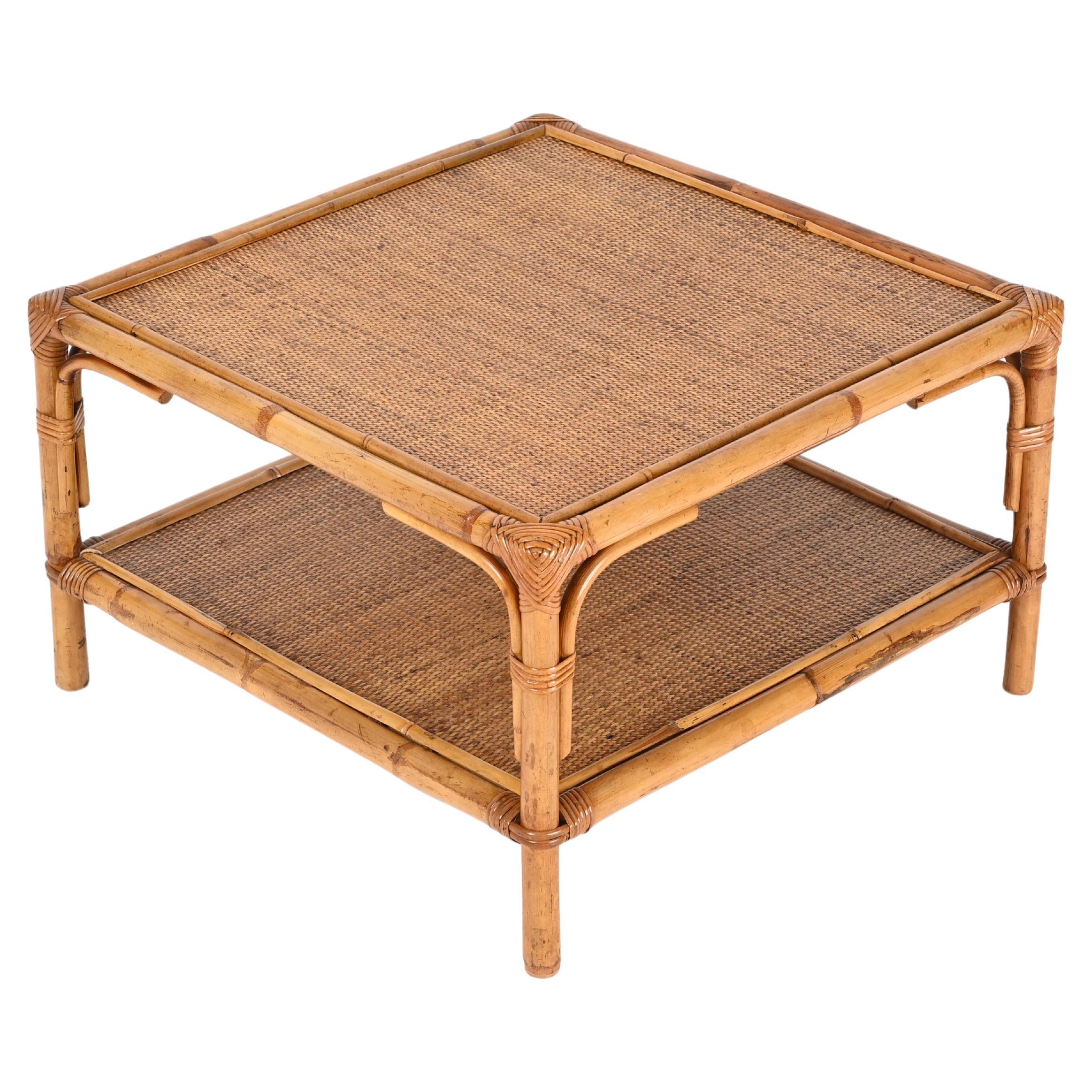 Vivai del Sud Midcentury Italian Square Coffee Table in Bamboo and Rattan, 1970s For Sale