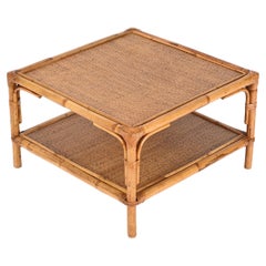 Vivai del Sud Midcentury Italian Square Coffee Table in Bamboo and Rattan, 1970s