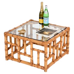 Vivai del Sud Midcentury Italian Square Coffee Table in Bamboo and Rattan, 1970s