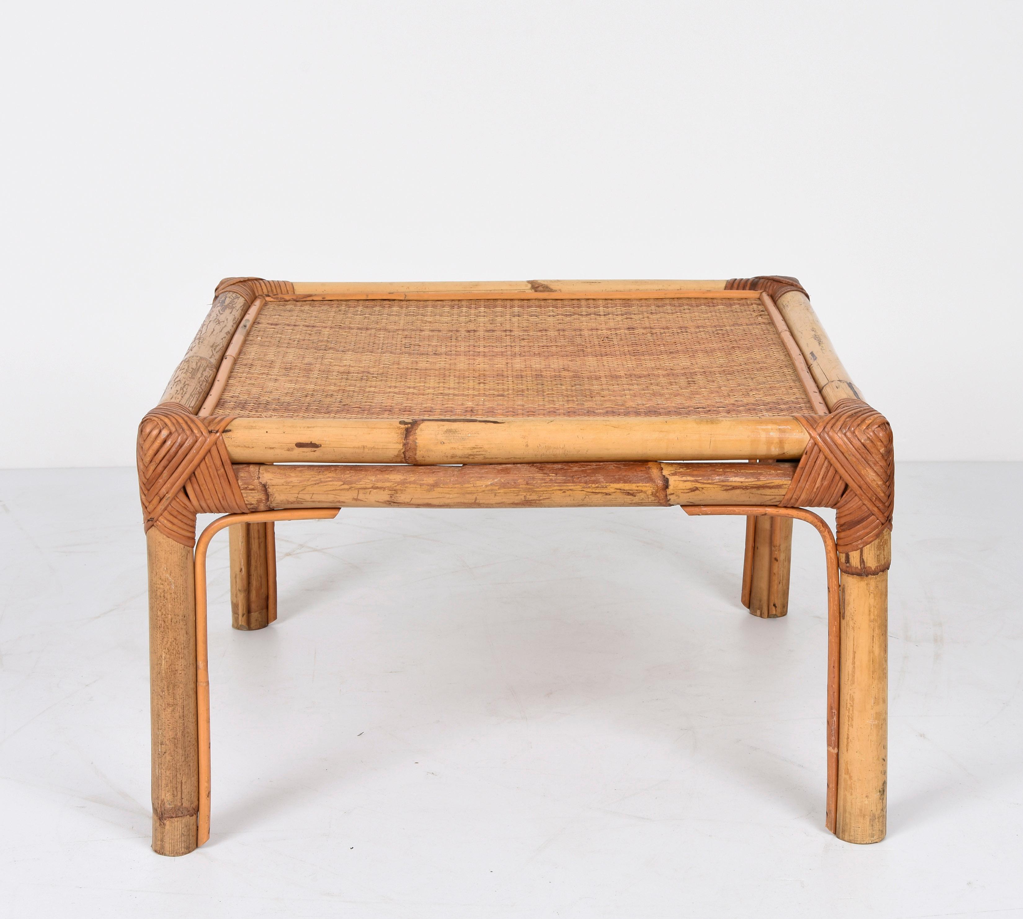 Vivai del Sud Midcentury Italian Squared Bamboo and Rattan Coffee Table, 1970 For Sale 5