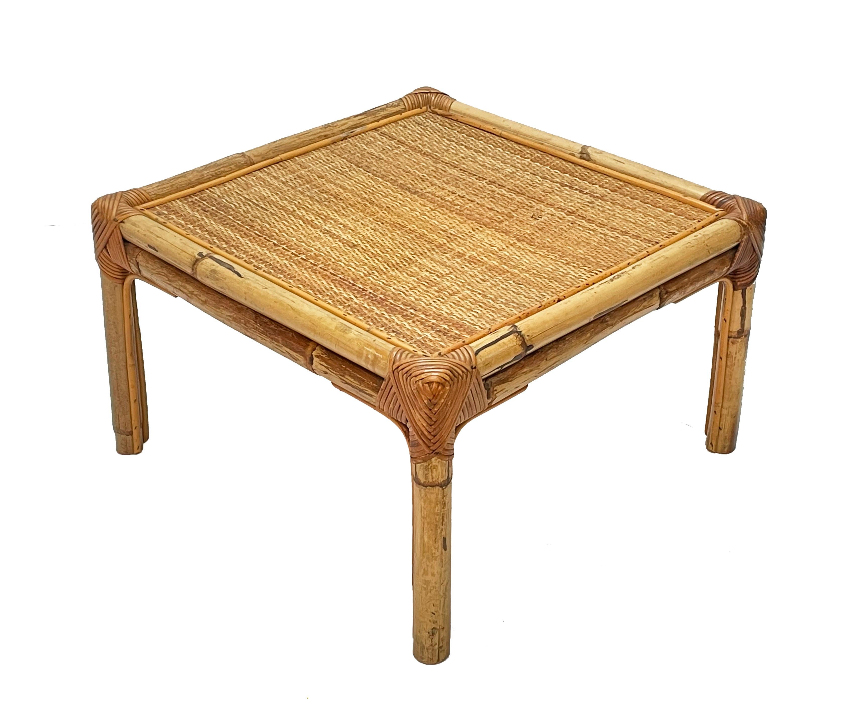 Vivai del Sud Midcentury Italian Squared Bamboo and Rattan Coffee Table, 1970 For Sale 8