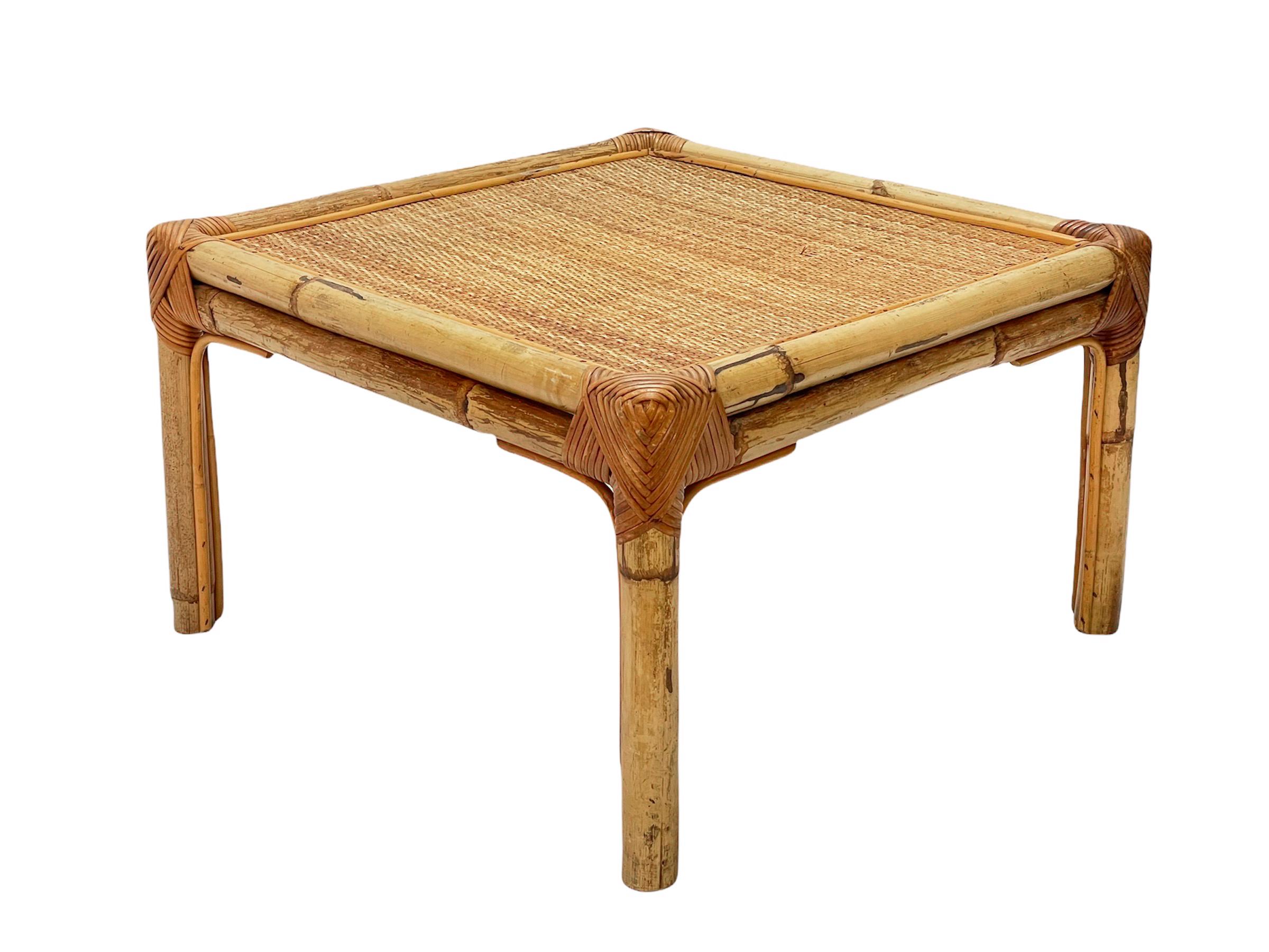 Vivai del Sud Midcentury Italian Squared Bamboo and Rattan Coffee Table, 1970 For Sale 9
