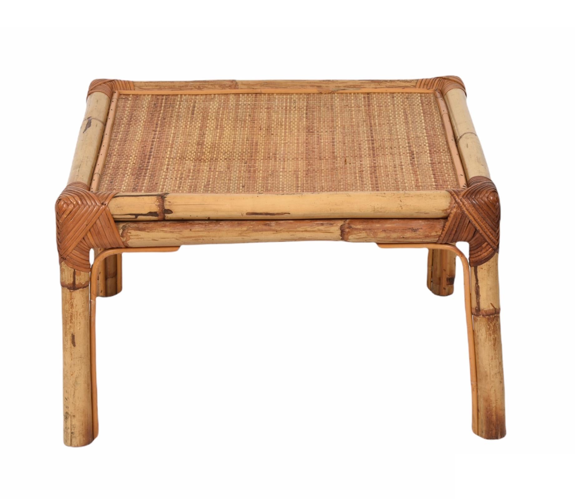 Vivai del Sud Midcentury Italian Squared Bamboo and Rattan Coffee Table, 1970 For Sale 10