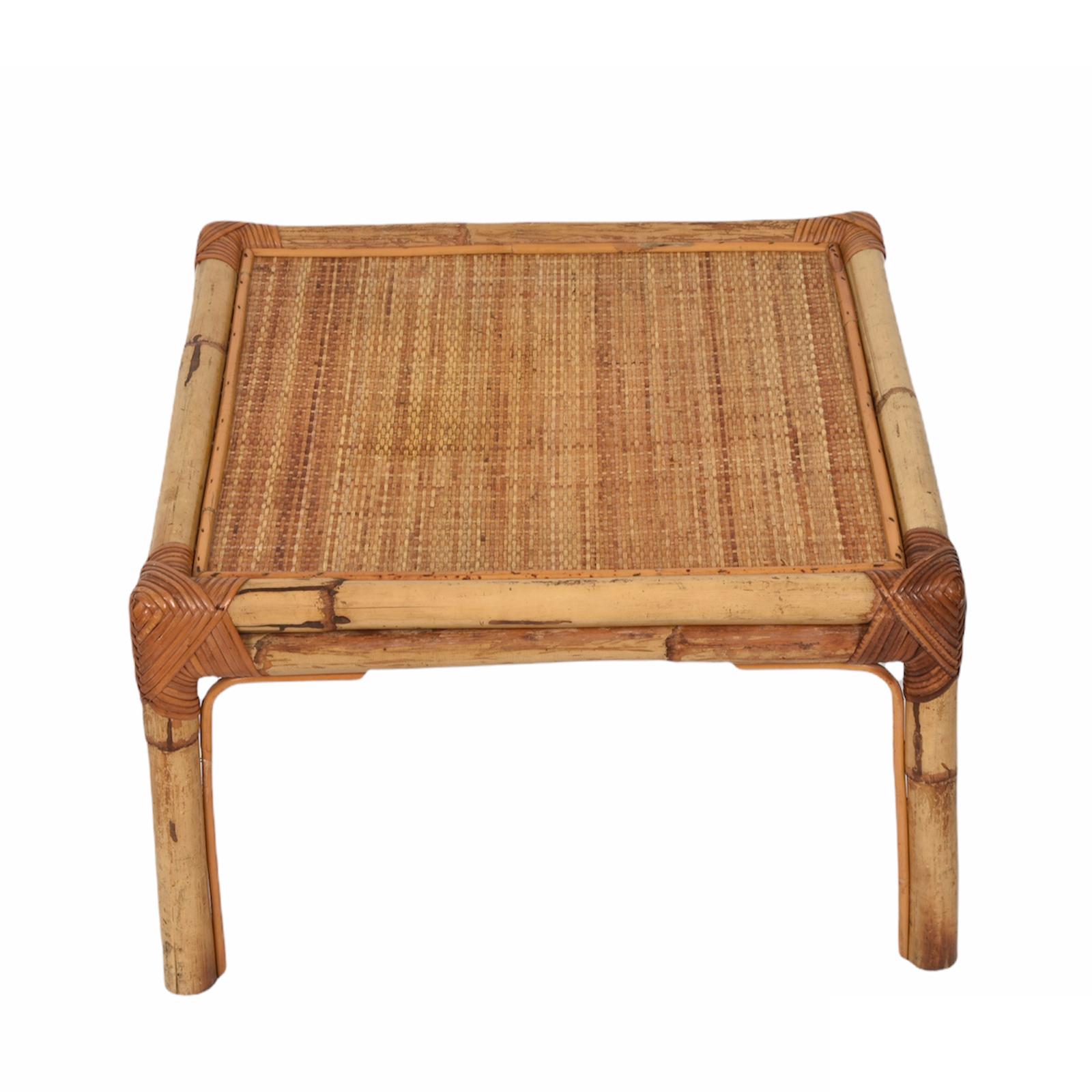 Mid-Century Modern Vivai del Sud Midcentury Italian Squared Bamboo and Rattan Coffee Table, 1970 For Sale