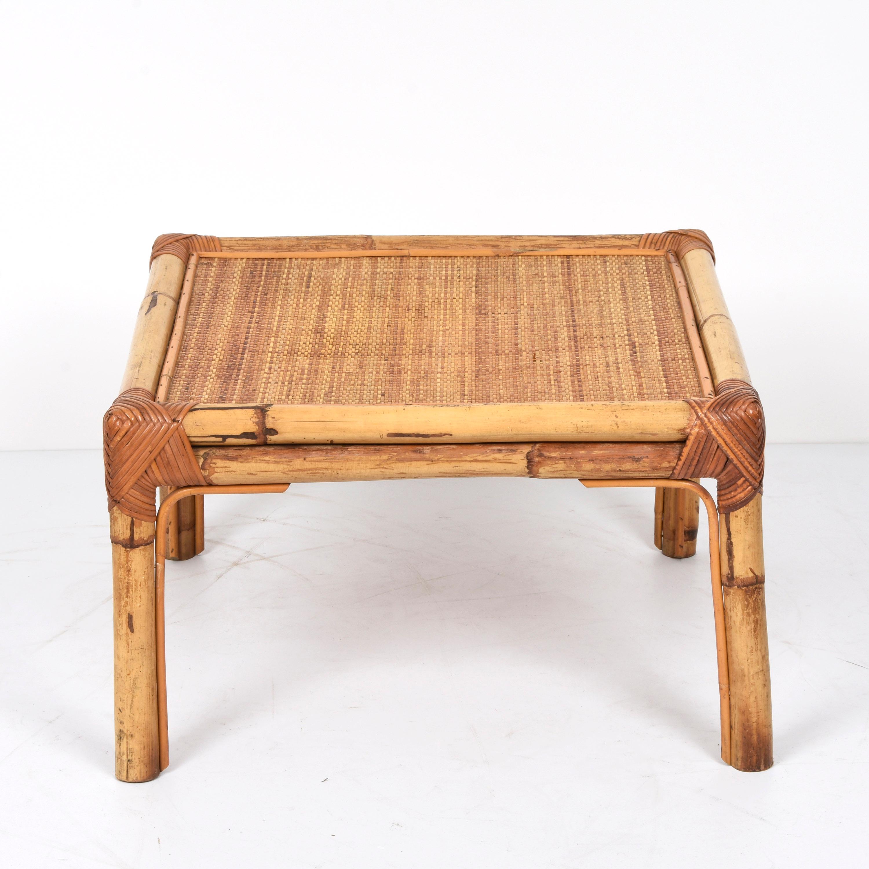 Vivai del Sud Midcentury Italian Squared Bamboo and Rattan Coffee Table, 1970 In Good Condition For Sale In Roma, IT