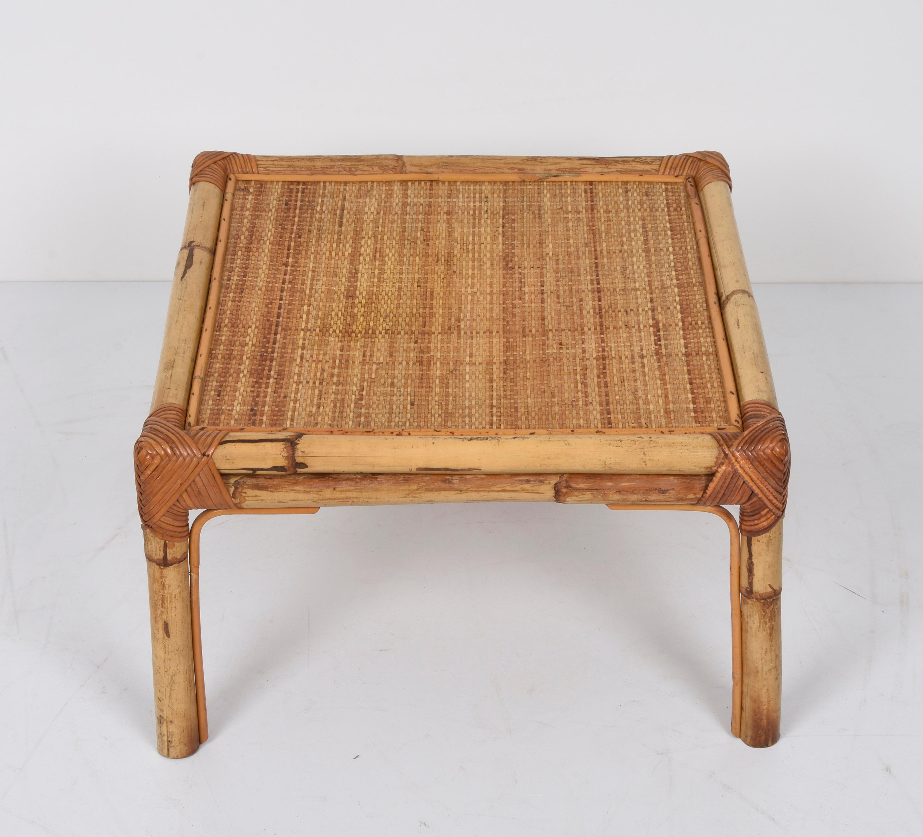 20th Century Vivai del Sud Midcentury Italian Squared Bamboo and Rattan Coffee Table, 1970 For Sale