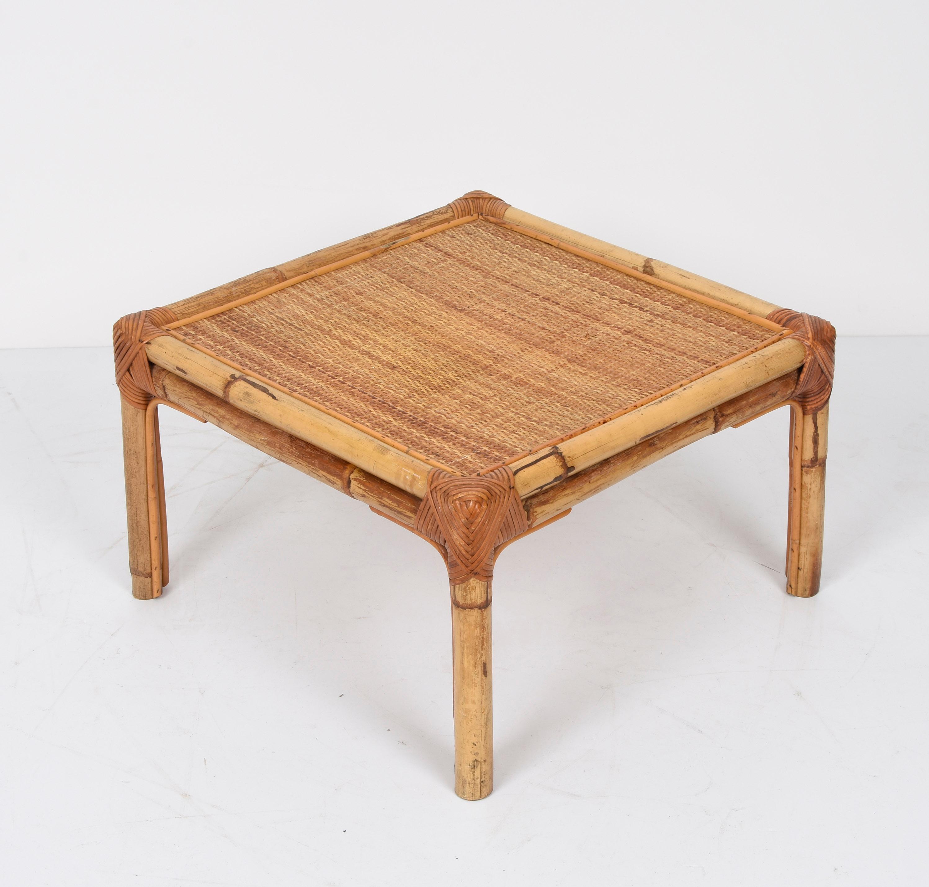 Vivai del Sud Midcentury Italian Squared Bamboo and Rattan Coffee Table, 1970 For Sale 1