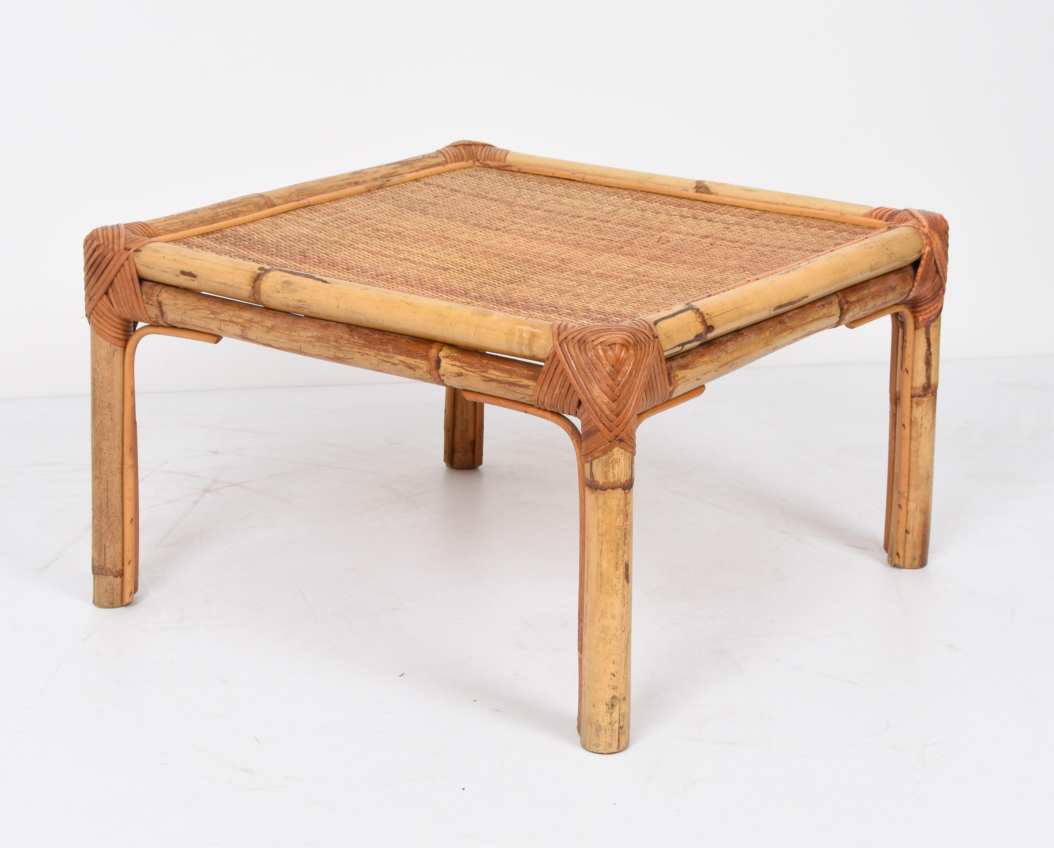 Vivai del Sud Midcentury Italian Squared Bamboo and Rattan Coffee Table, 1970 For Sale 2