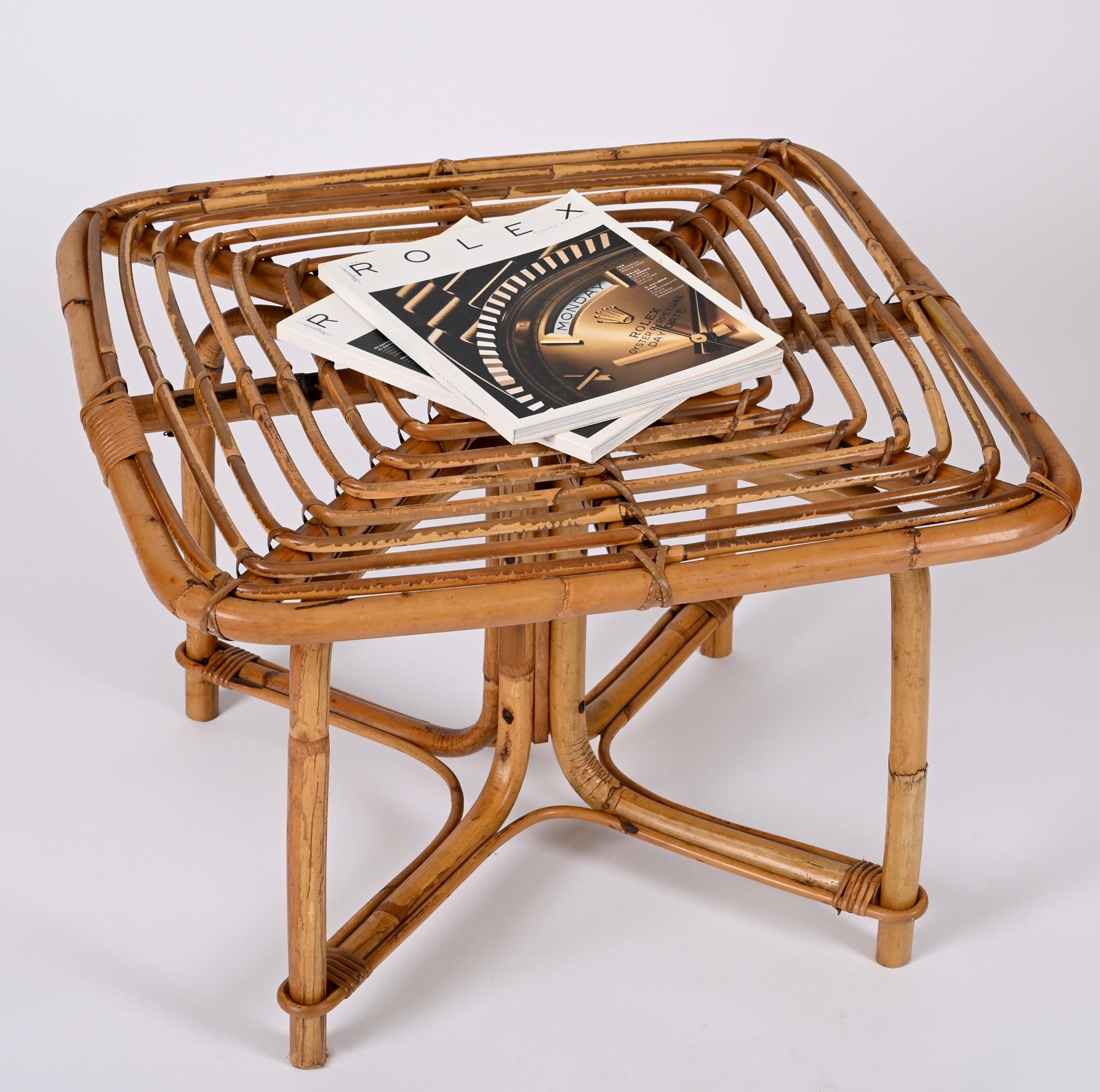 Vivai del Sud Mid Century Italian Squared Bamboo and Rattan Coffee Table, 1970s 11